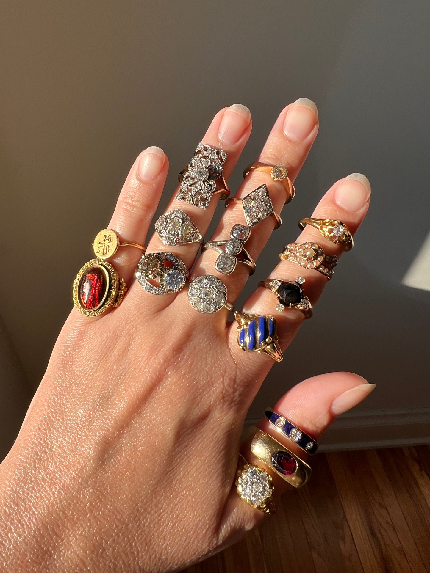 DATED 1902 Blue Enamel Single & Rose Cut DIAMOND Three Stone Band 18k Gold Solid Stacker Victorian Romantic Gift Skinny Ringstack