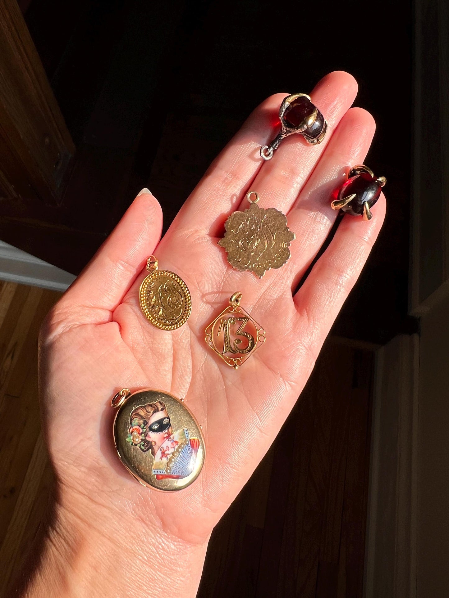 DATED 1902 French ANTIQUE 18k Gold Tricolor Pendant Engraved Initial Letter Love Medal Charm Belle Epoque Victorian Figural Floral May 29