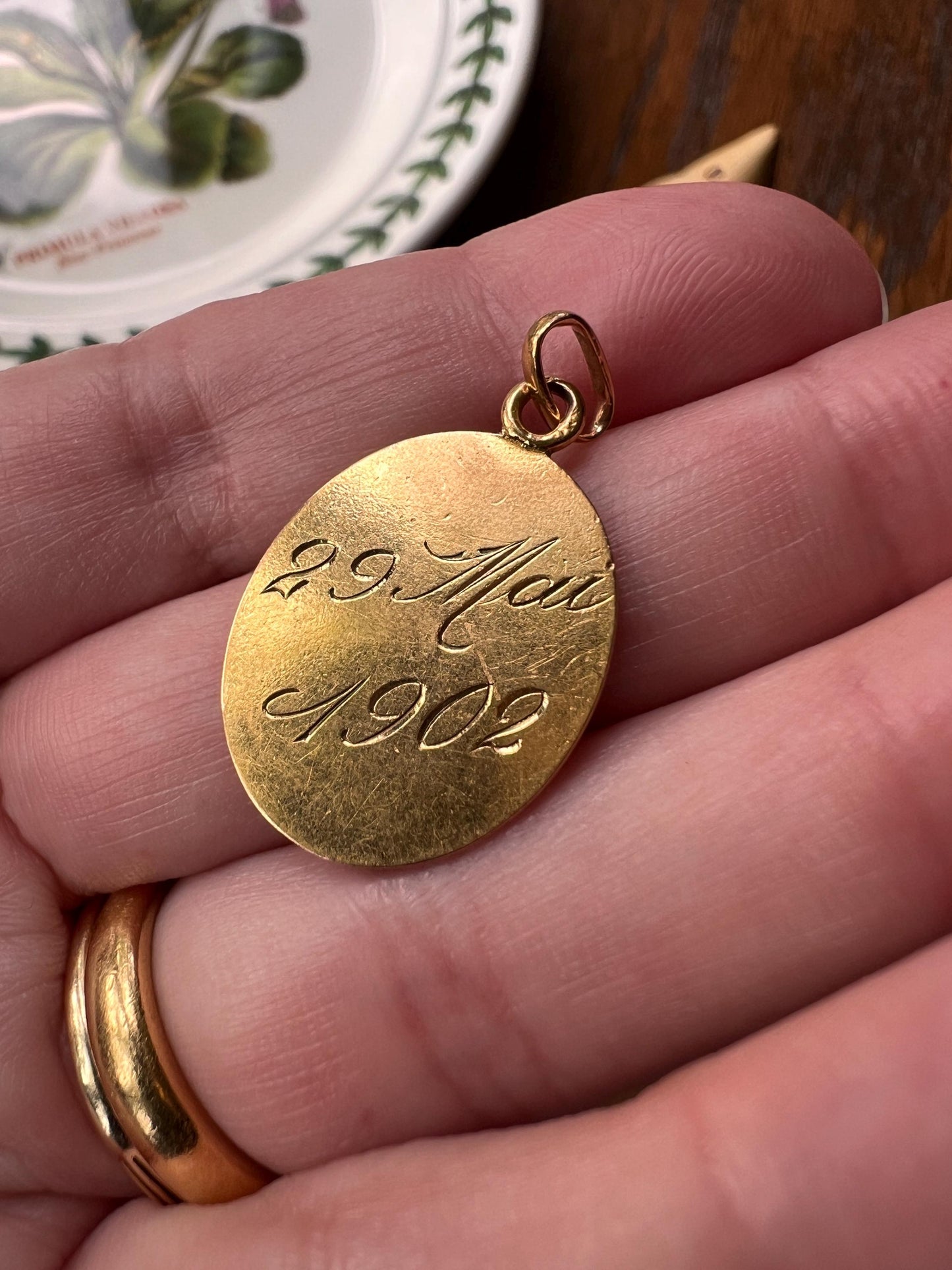 DATED 1902 French ANTIQUE 18k Gold Tricolor Pendant Engraved Initial Letter Love Medal Charm Belle Epoque Victorian Figural Floral May 29