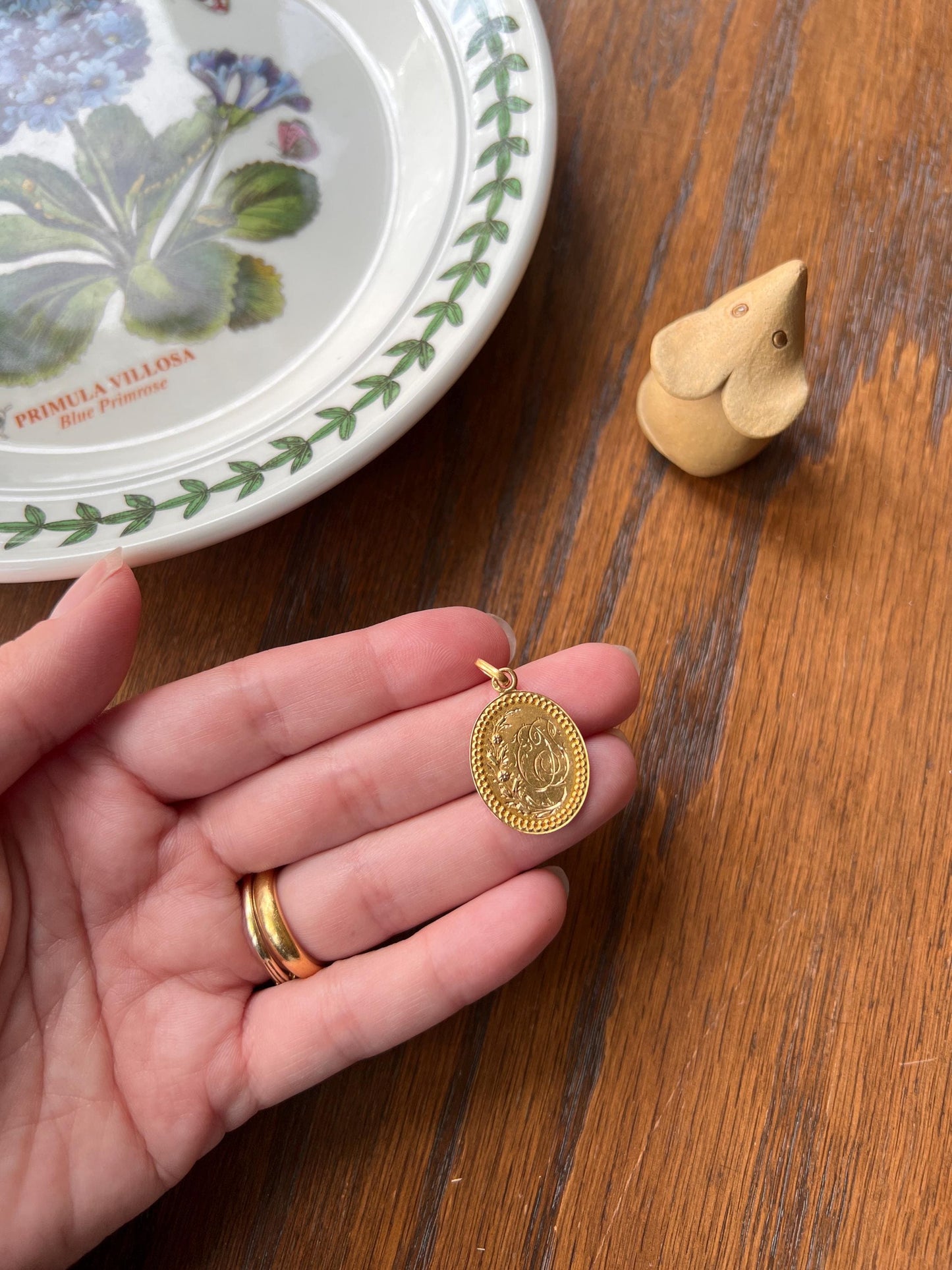 DATED 1902 French ANTIQUE 18k Gold Tricolor Pendant Engraved Initial Letter Love Medal Charm Belle Epoque Victorian Figural Floral May 29