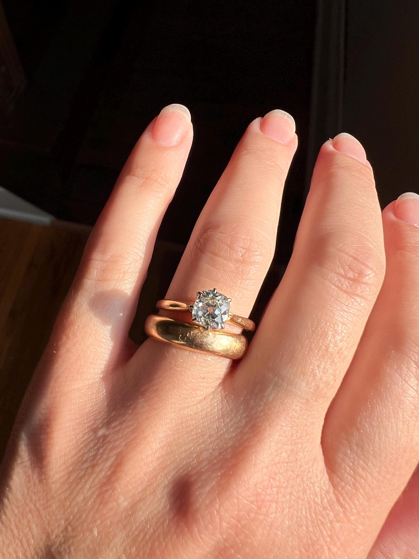 Victorian Antique Chunky 0.9 Carat Old Mine Cut DIAMOND Solitaire 18k Gold Ring Engagement Stacker Band Romantic Gift OMC Wedding .9Ctw