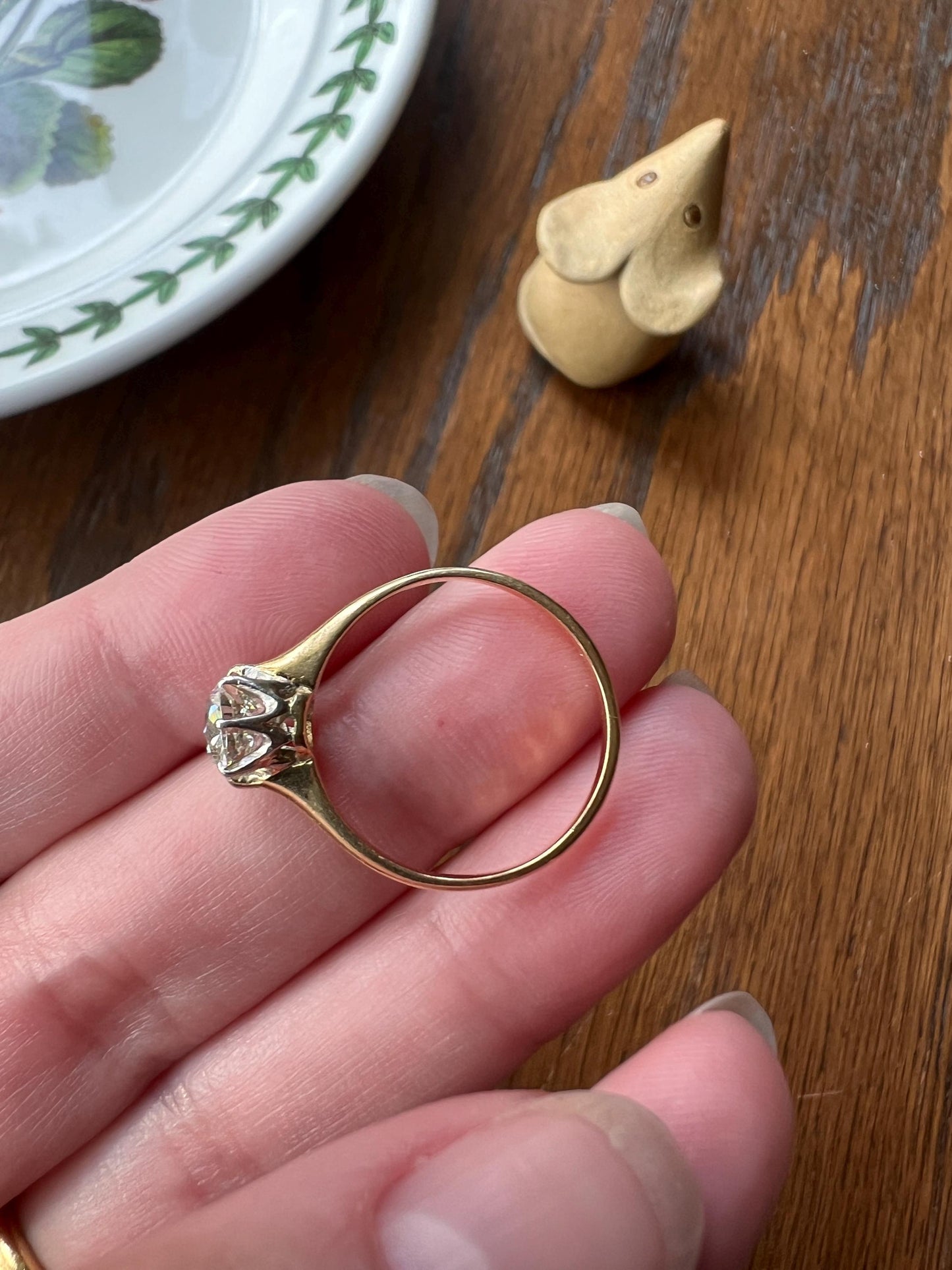 Victorian Antique Chunky 0.9 Carat Old Mine Cut DIAMOND Solitaire 18k Gold Ring Engagement Stacker Band Romantic Gift OMC Wedding .9Ctw