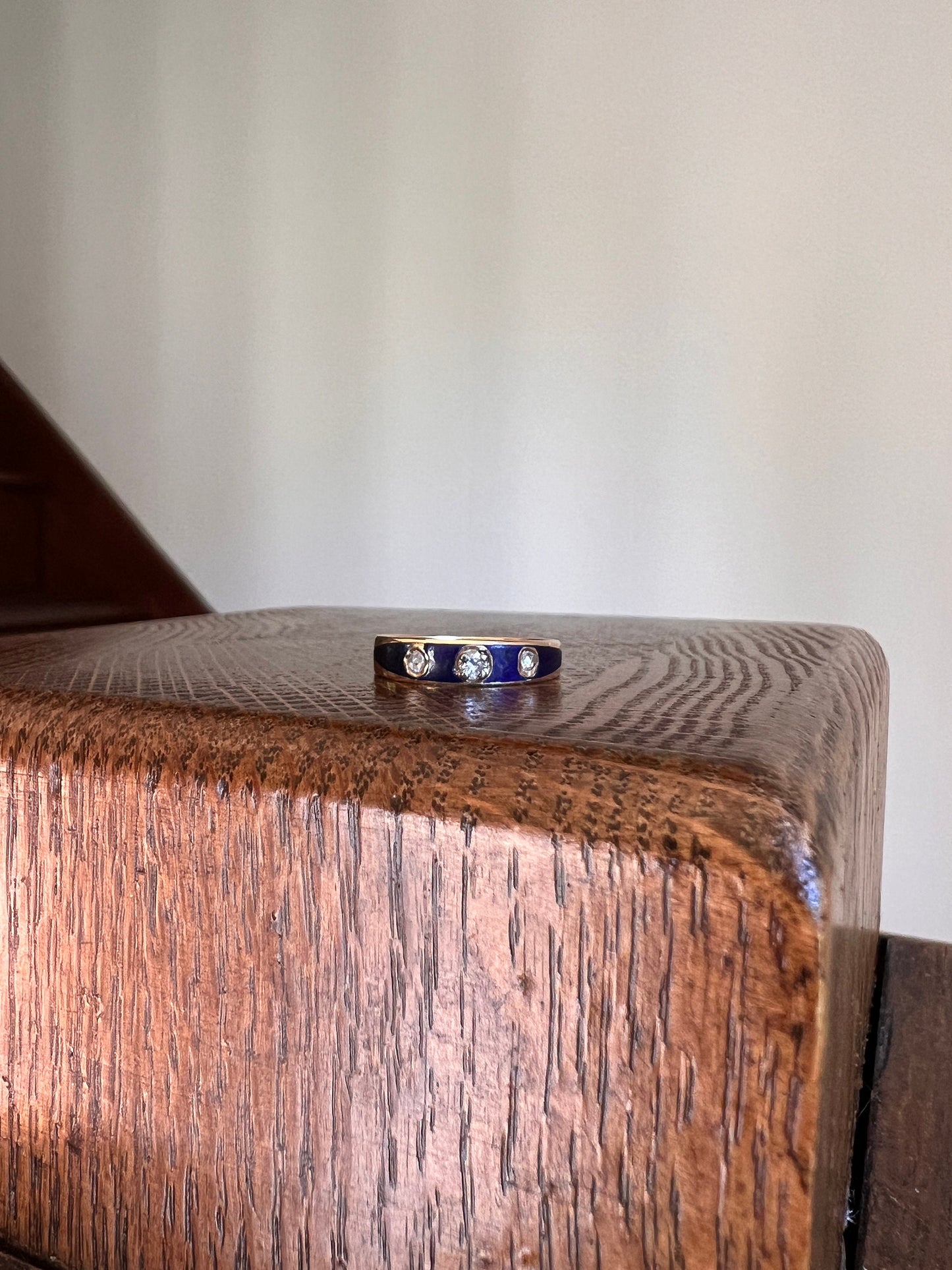 DATED 1902 Blue Enamel Single & Rose Cut DIAMOND Three Stone Band 18k Gold Solid Stacker Victorian Romantic Gift Skinny Ringstack