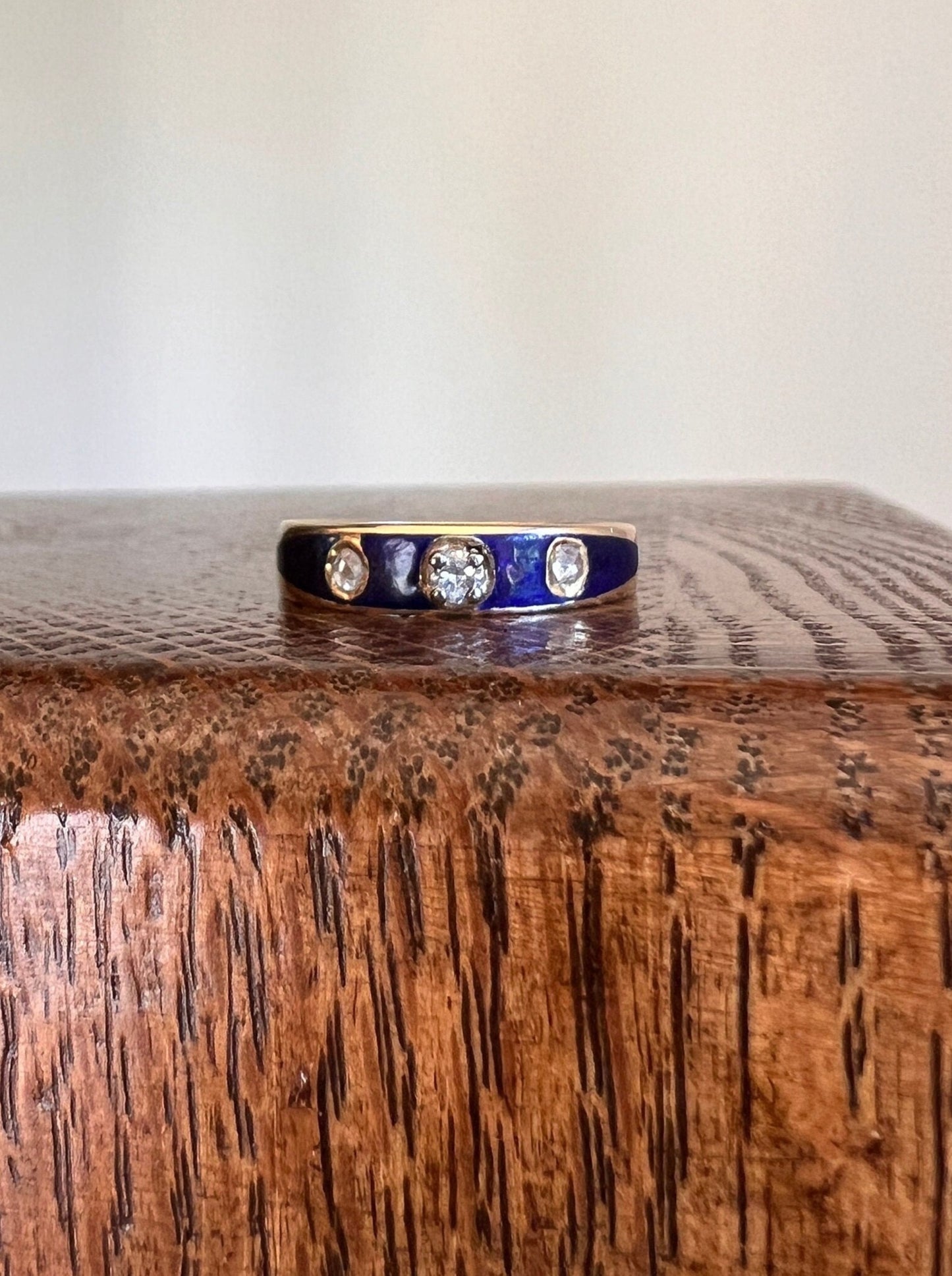 DATED 1902 Blue Enamel Single & Rose Cut DIAMOND Three Stone Band 18k Gold Solid Stacker Victorian Romantic Gift Skinny Ringstack