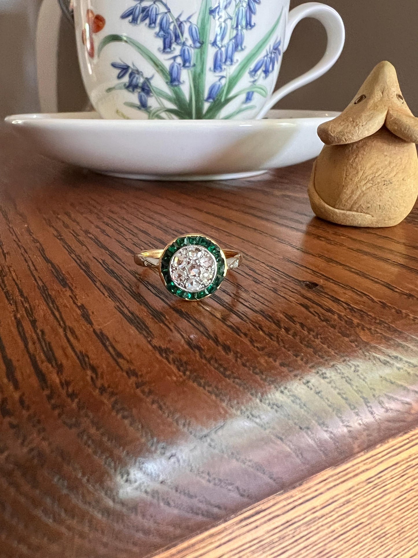 Antique Rose Cut Diamond Carre EMERALD Halo Ring Bullseye Target Geometric French 18k Gold Platinum Gift Stacker Green Sparkle Belle Epoque