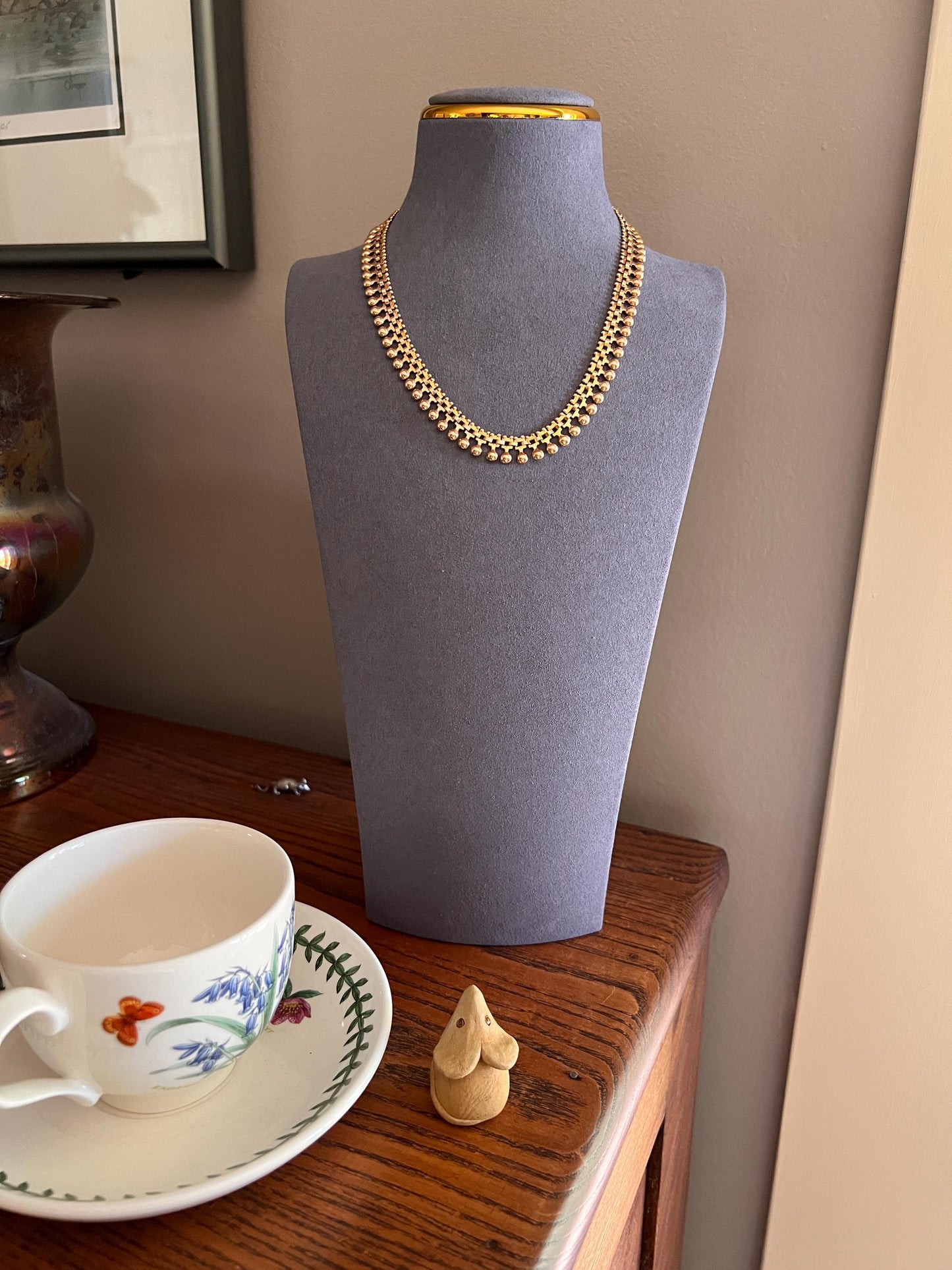 Ball RIVET Shimmering French Antique 22g 18k GOLD Bead Solid Rosy Book Chain Necklace 10m Wide 16" Neckmess Neckstack Victorian Era Hallmark