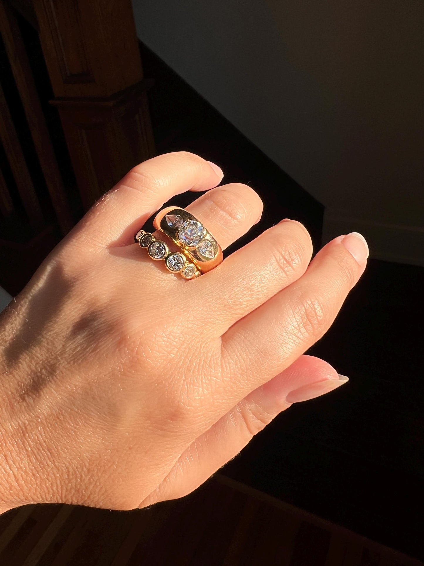 Chunky 1.75 Carat Old Mine Cut DIAMOND Pear Gypsy Ring 10g 18k Gold HEAVY Vintage Stacker 9mm Wide Gypsy Band French OMC Three Stone Wedding