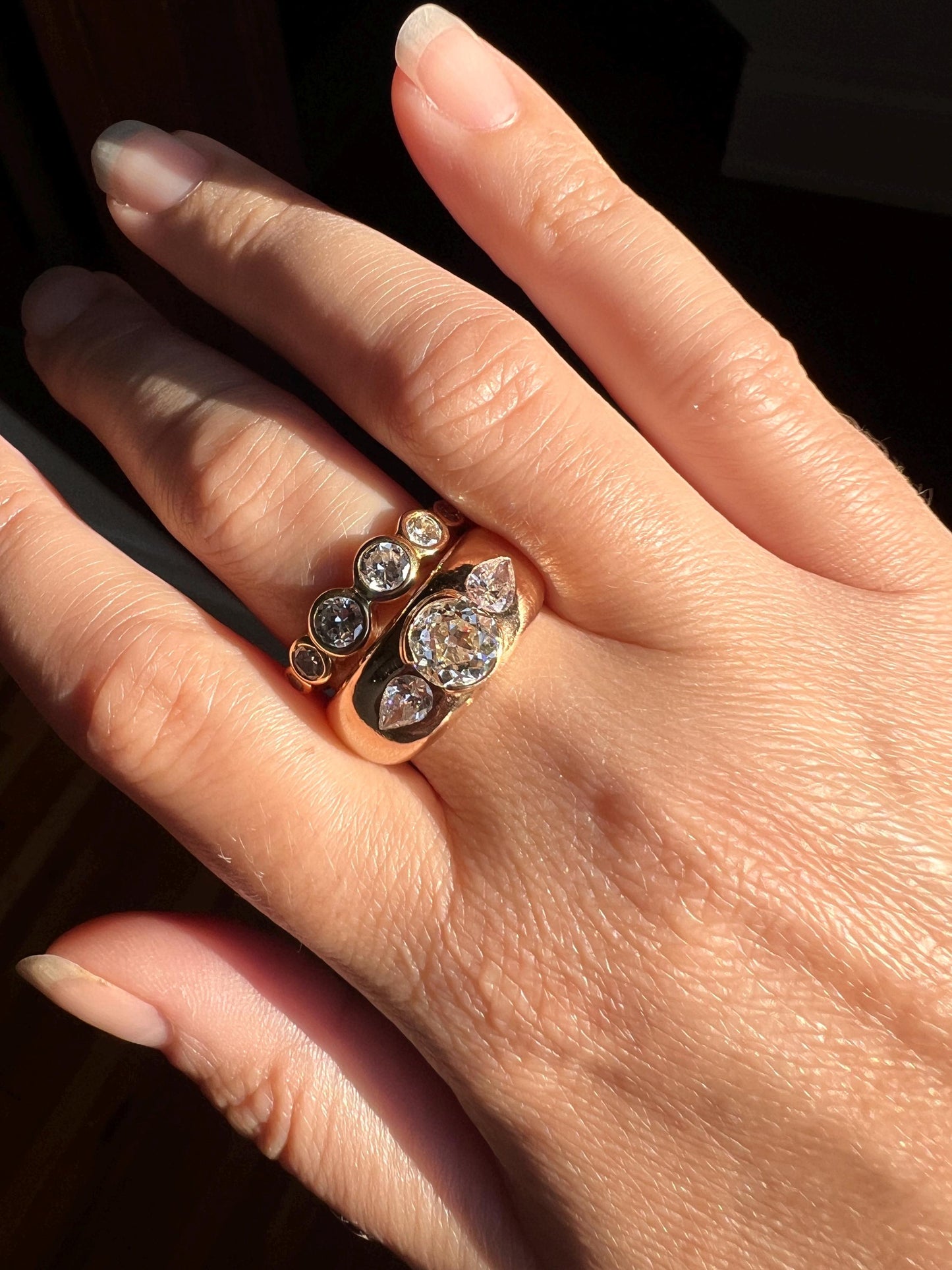Chunky 1.75 Carat Old Mine Cut DIAMOND Pear Gypsy Ring 10g 18k Gold HEAVY Vintage Stacker 9mm Wide Gypsy Band French OMC Three Stone Wedding
