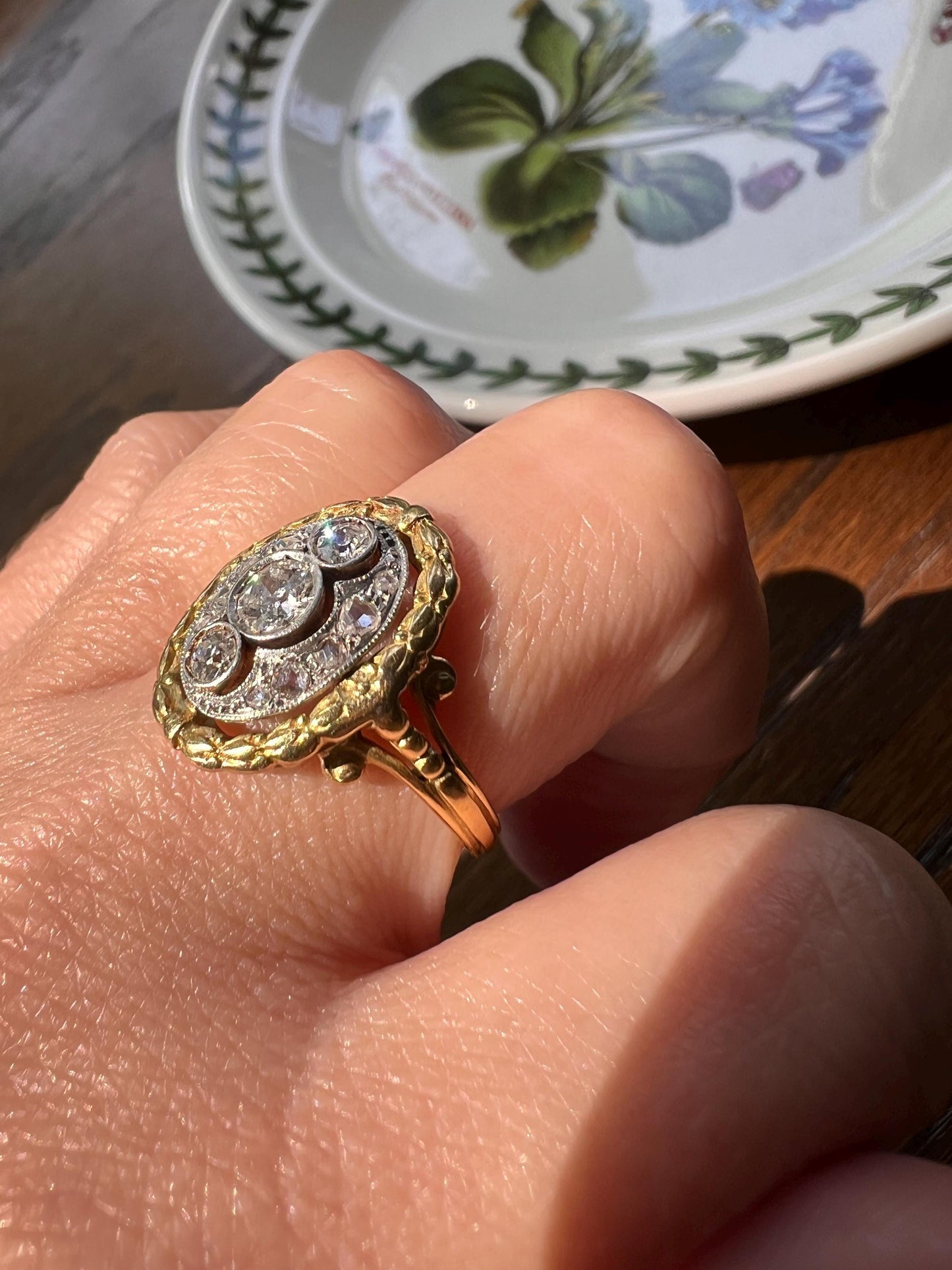 Unique .75 Carat Old European Cut DIAMOND Floral Garland French Antique 18k Gold Rose Cut Ring Forget Me Not Halo Belle Epoque Figural Gift