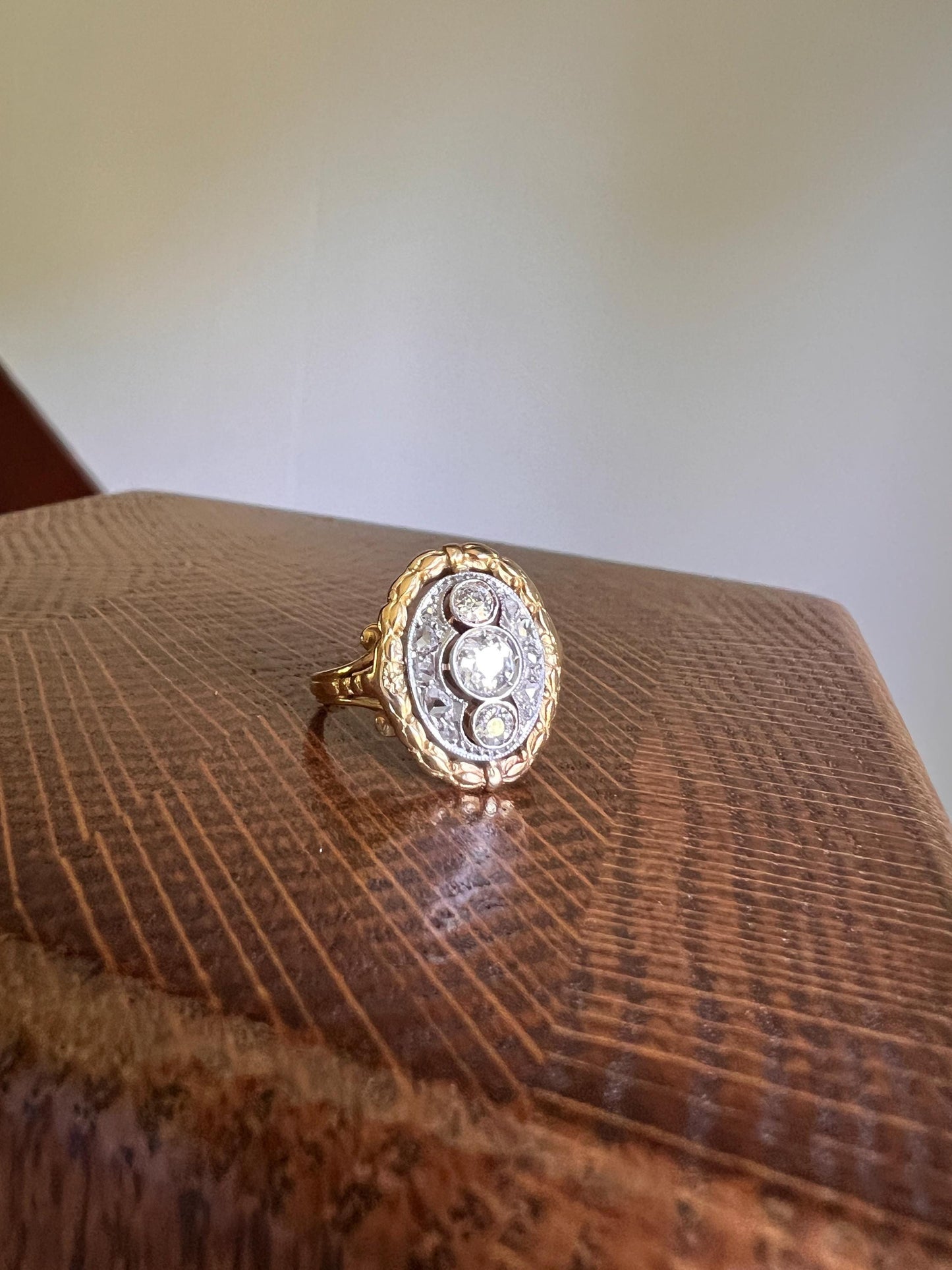 Unique .75 Carat Old European Cut DIAMOND Floral Garland French Antique 18k Gold Rose Cut Ring Forget Me Not Halo Belle Epoque Figural Gift