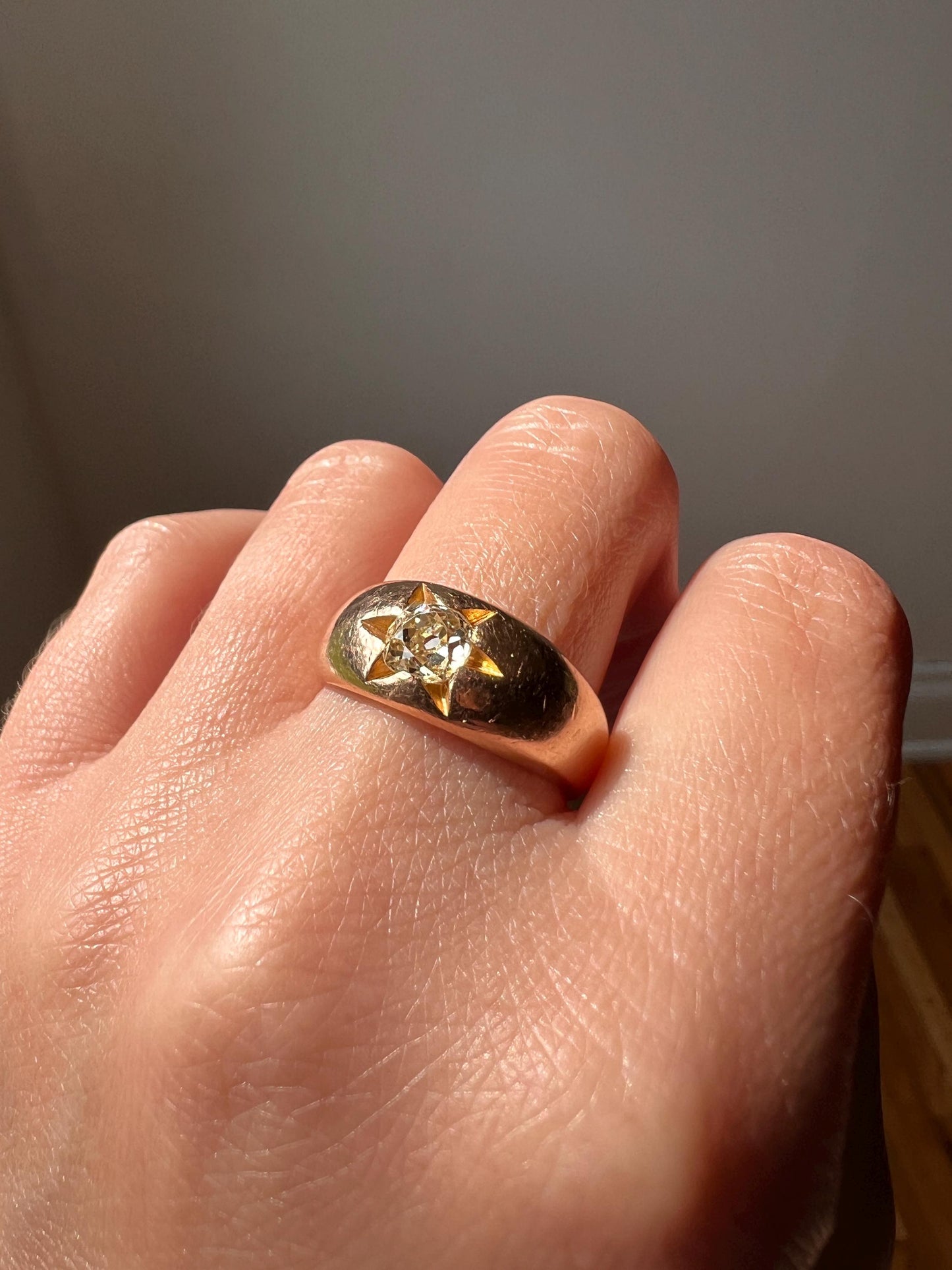STAR Antique .6 Carat Pale YELLOW Old Mine Cut DIAMOND Gypsy Ring 8.3g 18k Gold Rosy Domed Chunky Band Romantic Gift Stacker Unisex 0.6 OmC