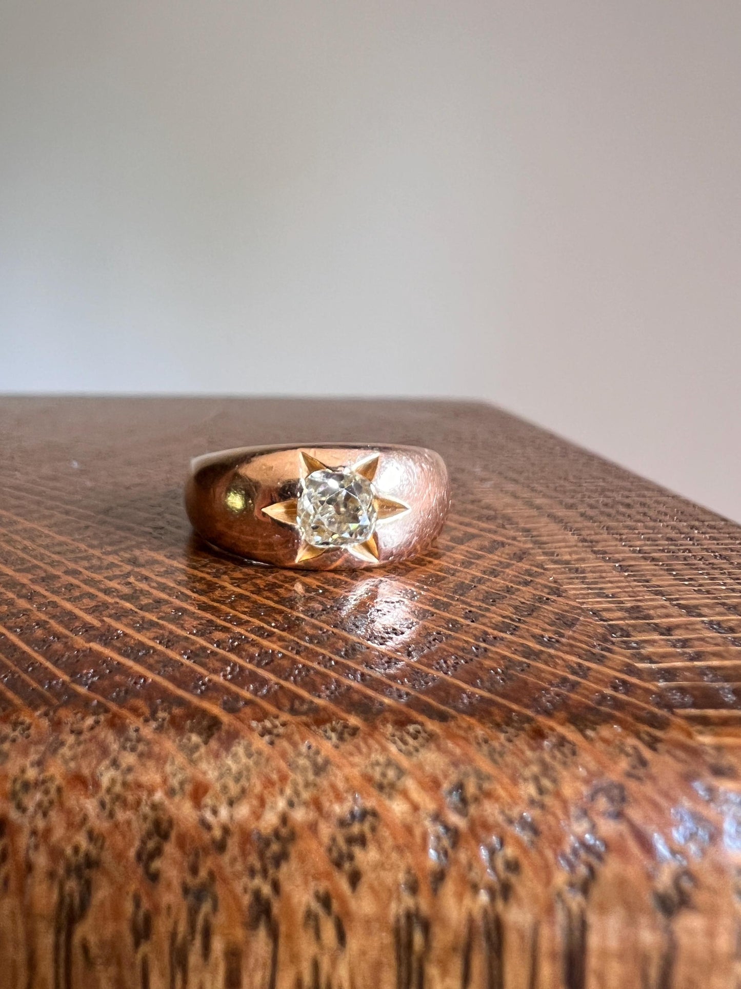 STAR Antique .6 Carat Pale YELLOW Old Mine Cut DIAMOND Gypsy Ring 8.3g 18k Gold Rosy Domed Chunky Band Romantic Gift Stacker Unisex 0.6 OmC