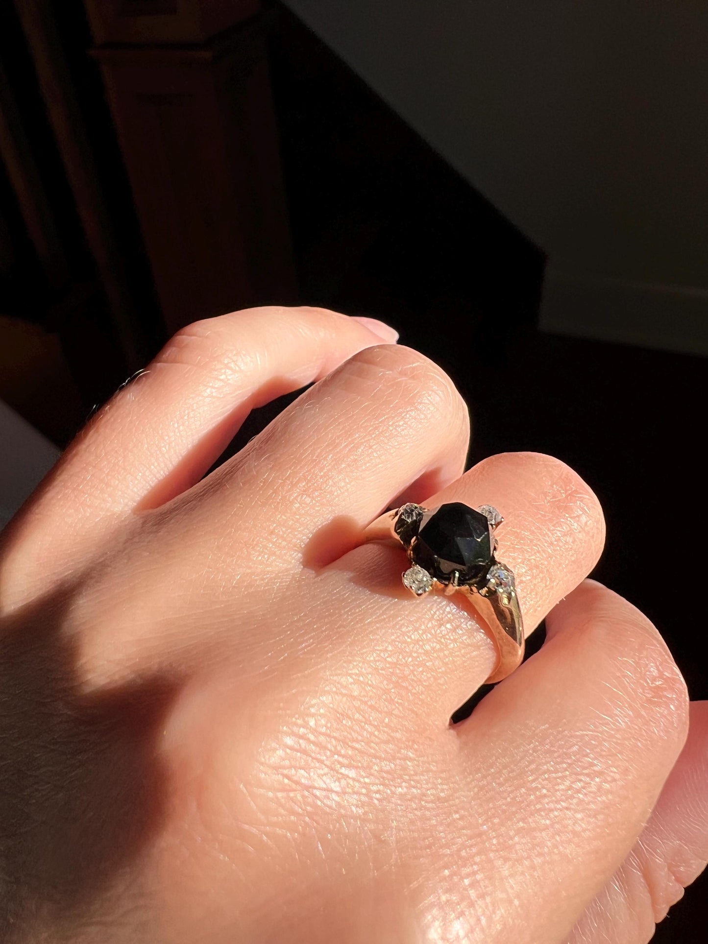 TALL Faceted Dome Onyx Old Mine Cut DIAMOND Cruciform Victorian Ring 14k Gold Stacker Romantic Gift A+ Ring Butt Geometric 3D Chunky Black