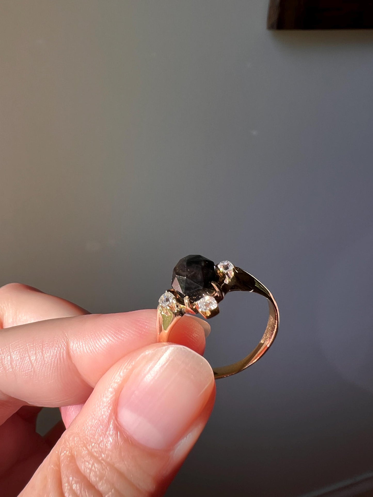 TALL Faceted Dome Onyx Old Mine Cut DIAMOND Cruciform Victorian Ring 14k Gold Stacker Romantic Gift A+ Ring Butt Geometric 3D Chunky Black