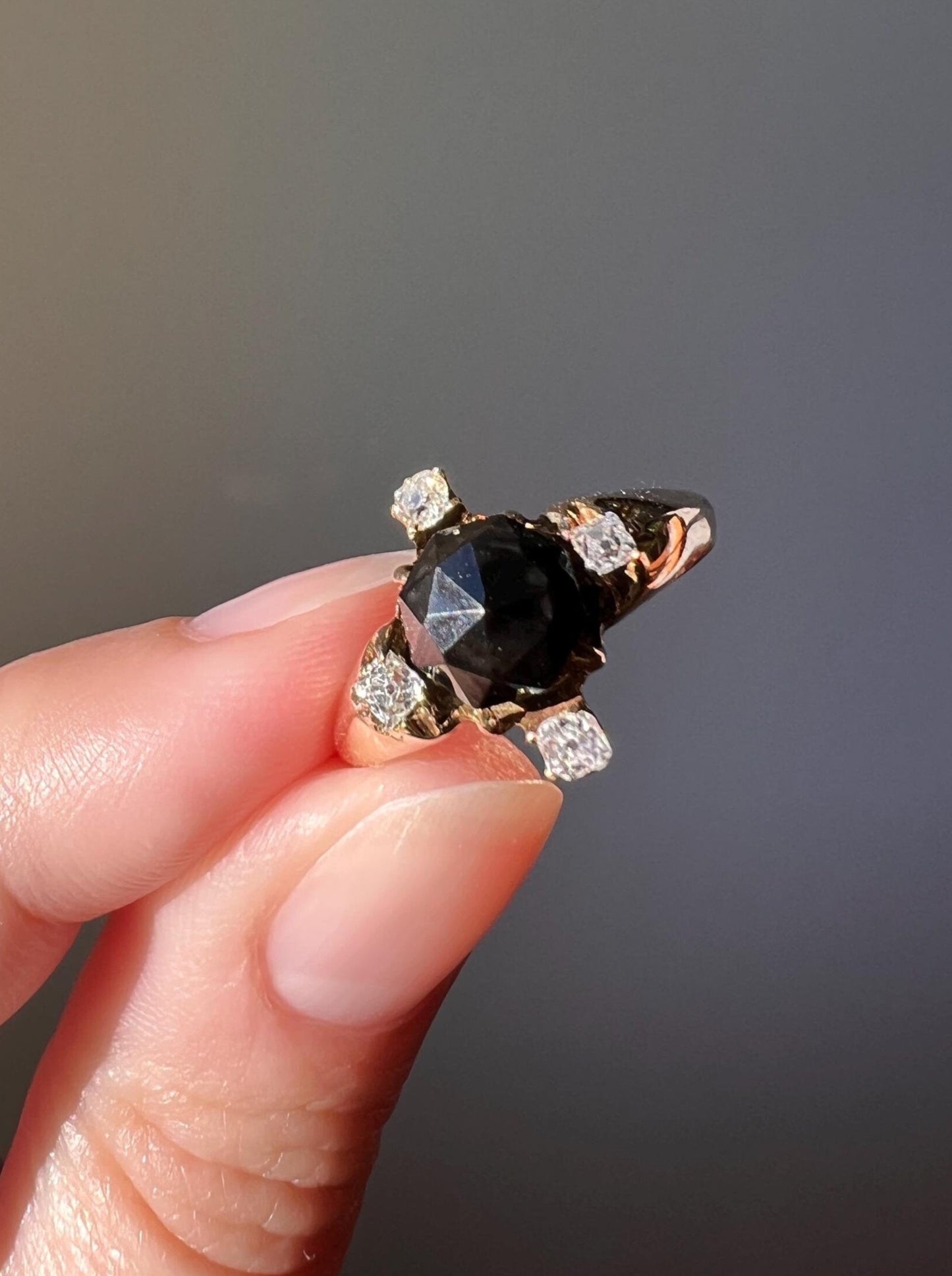 TALL Faceted Dome Onyx Old Mine Cut DIAMOND Cruciform Victorian Ring 14k Gold Stacker Romantic Gift A+ Ring Butt Geometric 3D Chunky Black
