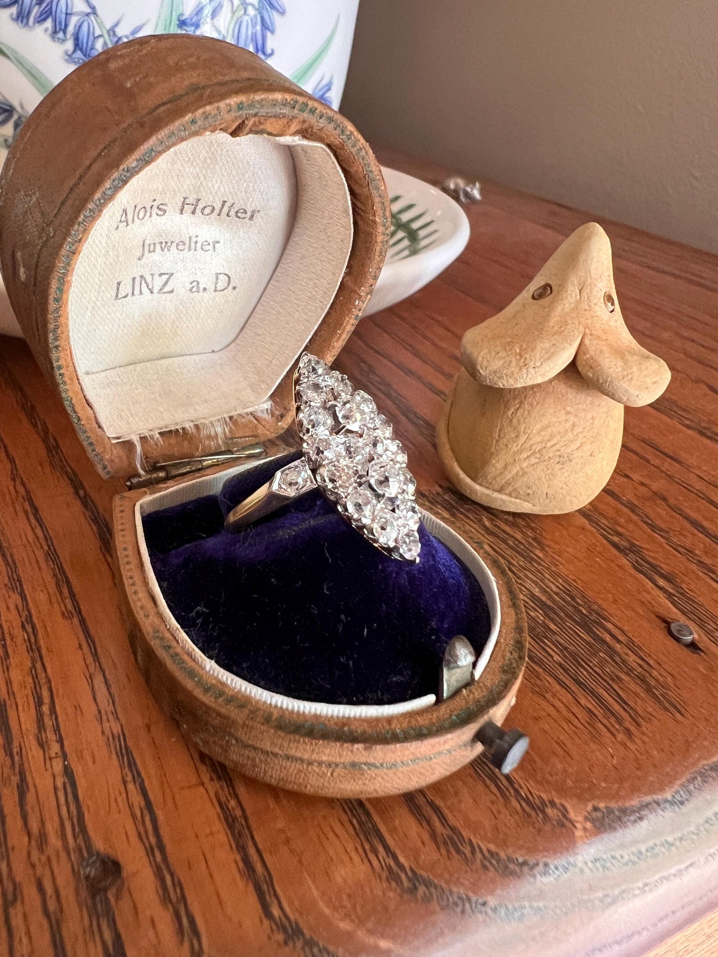 Unique Antique 1.75 Carat Old Mine Cut DIAMOND Navette Cluster Ring French 18k Gold 3D Victorian Belle Epoque Cobblestone Texture 1.75Ct OMC