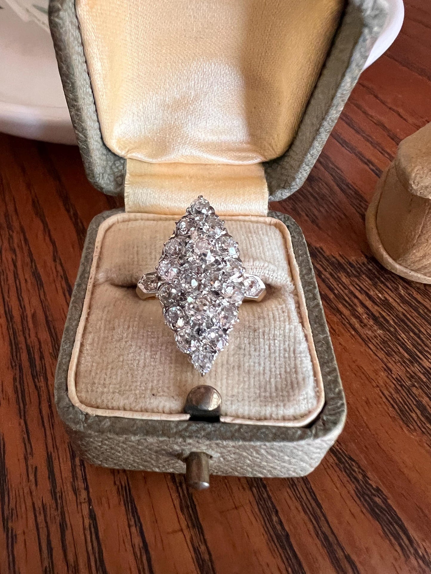 Unique Antique 1.75 Carat Old Mine Cut DIAMOND Navette Cluster Ring French 18k Gold 3D Victorian Belle Epoque Cobblestone Texture 1.75Ct OMC