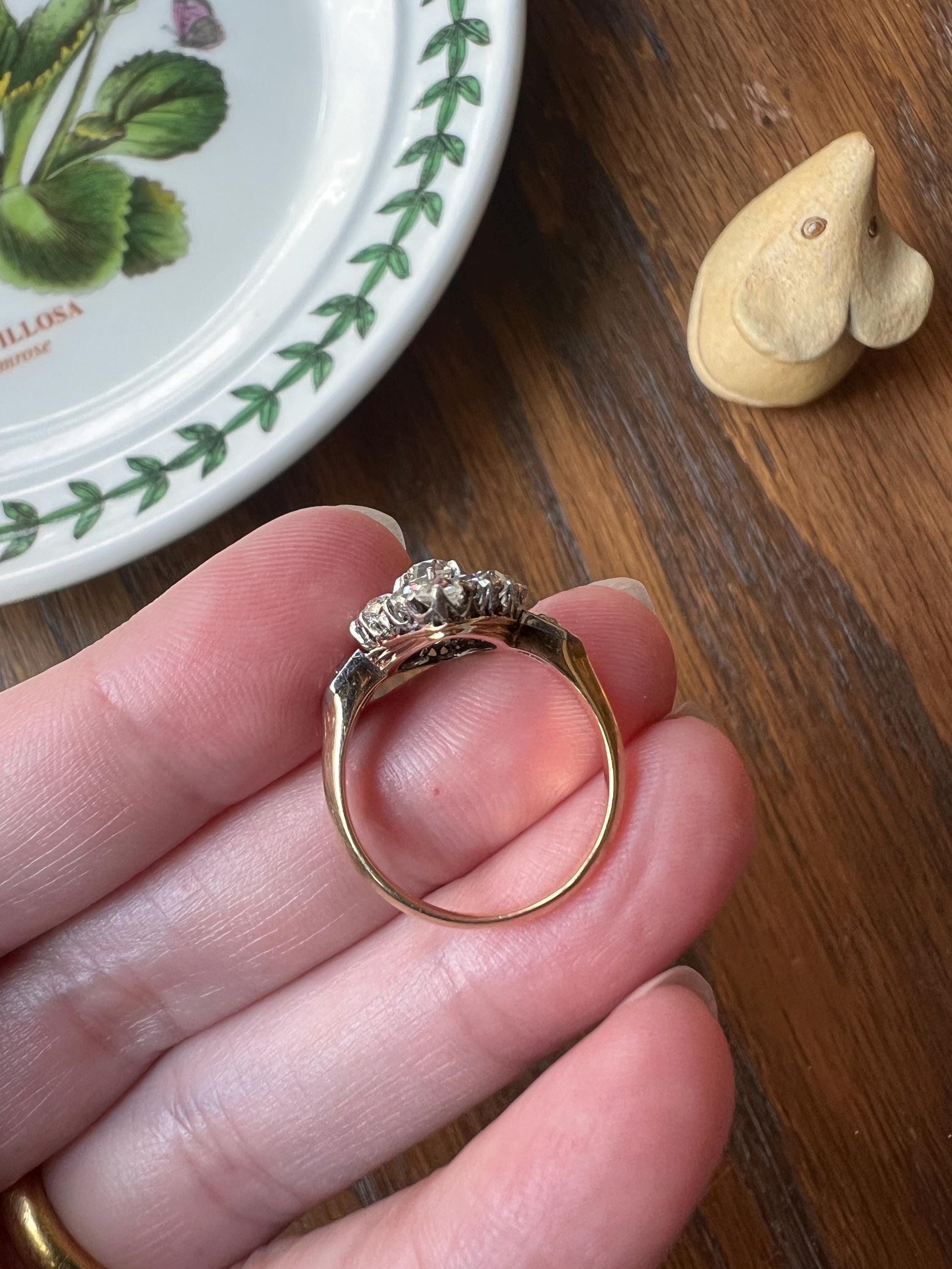 Unique Antique 1.75 Carat Old Mine Cut DIAMOND Navette Cluster Ring French 18k Gold 3D Victorian Belle Epoque Cobblestone Texture 1.75Ct OMC