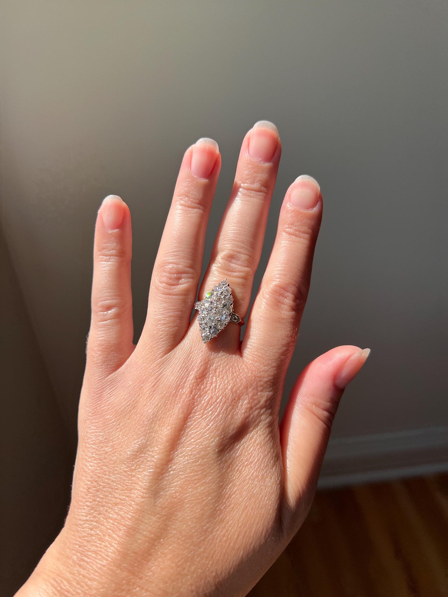 Unique Antique 1.75 Carat Old Mine Cut DIAMOND Navette Cluster Ring French 18k Gold 3D Victorian Belle Epoque Cobblestone Texture 1.75Ct OMC