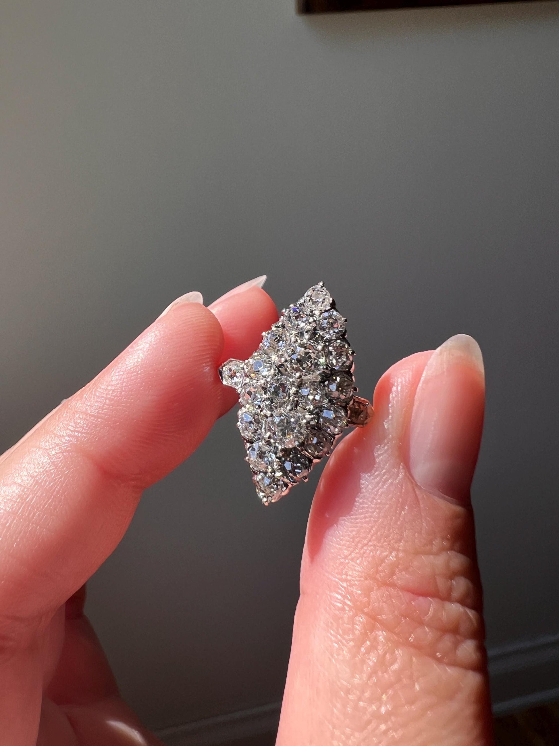 Unique Antique 1.75 Carat Old Mine Cut DIAMOND Navette Cluster Ring French 18k Gold 3D Victorian Belle Epoque Cobblestone Texture 1.75Ct OMC