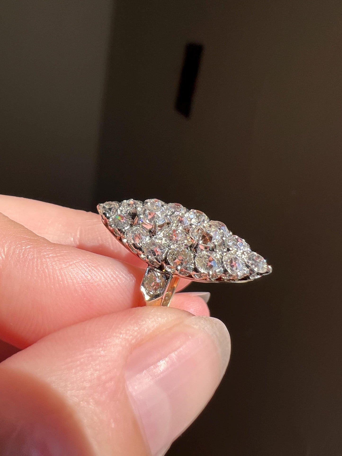 Unique Antique 1.75 Carat Old Mine Cut DIAMOND Navette Cluster Ring French 18k Gold 3D Victorian Belle Epoque Cobblestone Texture 1.75Ct OMC