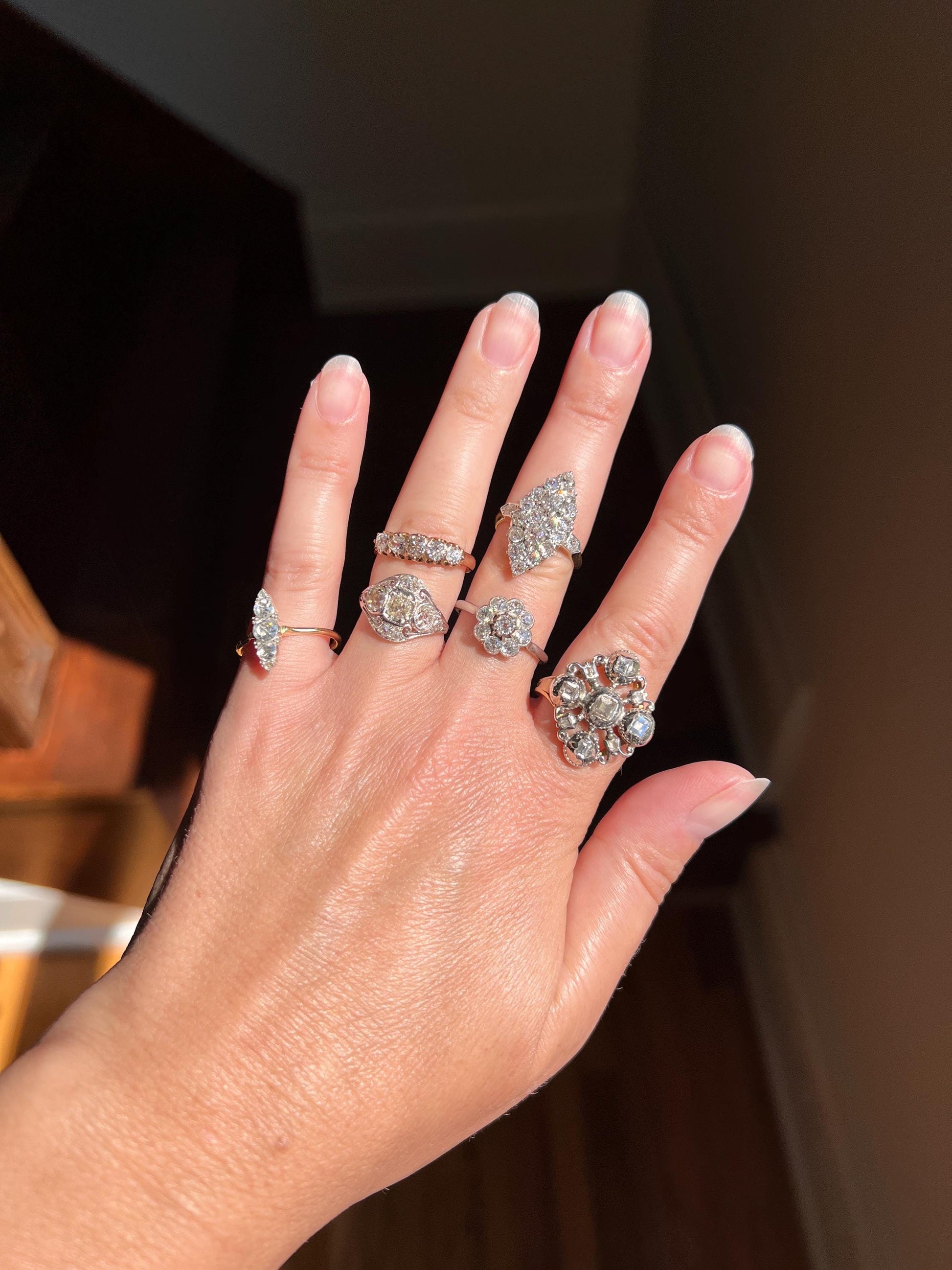 Unique Antique 1.75 Carat Old Mine Cut DIAMOND Navette Cluster Ring French 18k Gold 3D Victorian Belle Epoque Cobblestone Texture 1.75Ct OMC