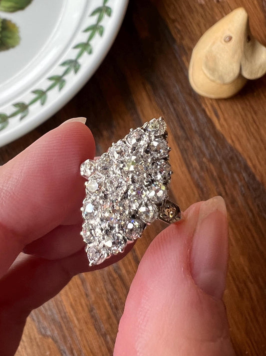 Unique Antique 1.75 Carat Old Mine Cut DIAMOND Navette Cluster Ring French 18k Gold 3D Victorian Belle Epoque Cobblestone Texture 1.75Ct OMC