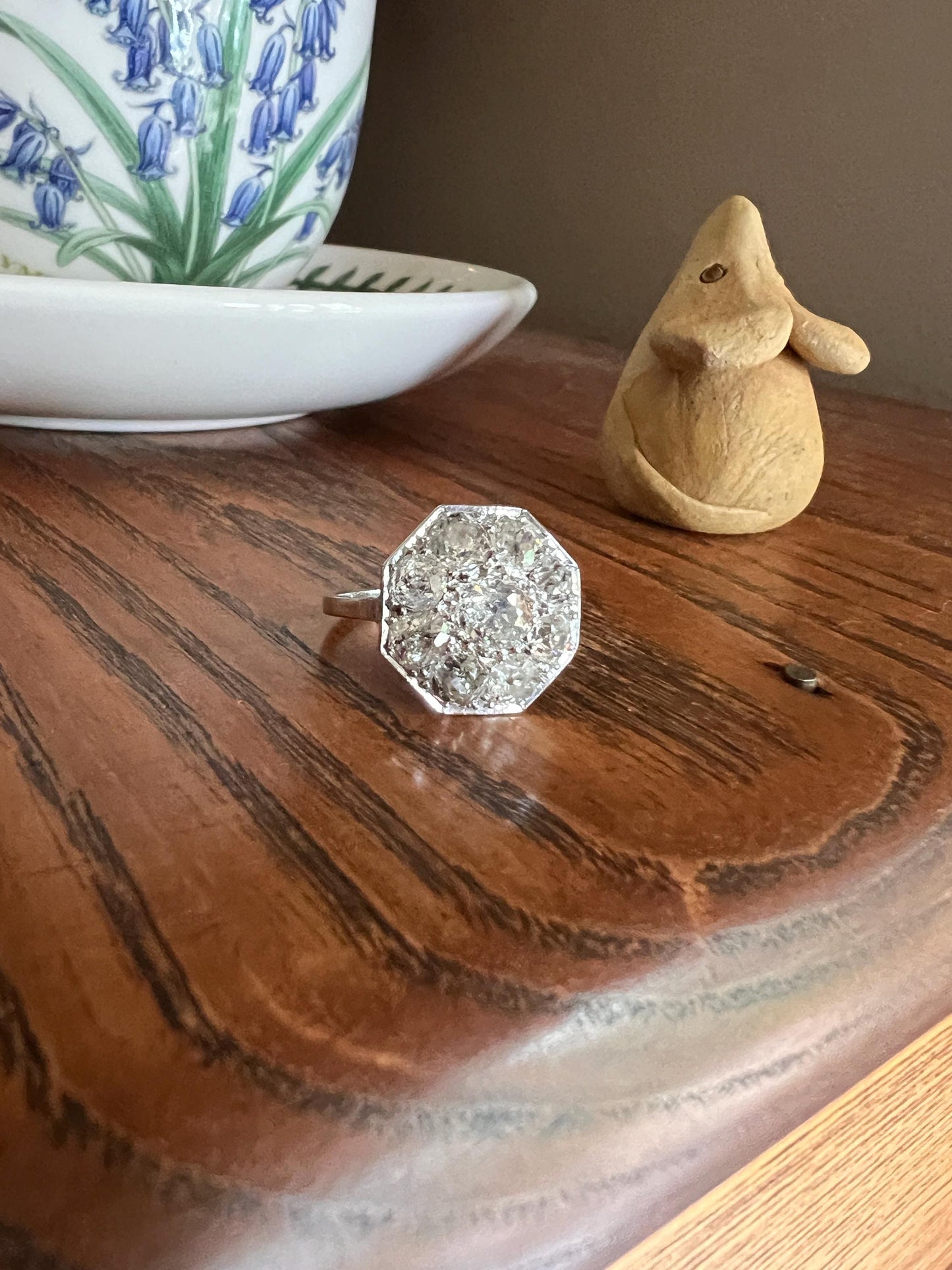 XL 2.7 Carat OCTAGON Shield French Antique PLATINUM Ring Old Mine Cut Diamonds Chunky Geometric Edwardian Cluster Romantic Gift 2.7Ctw OmC