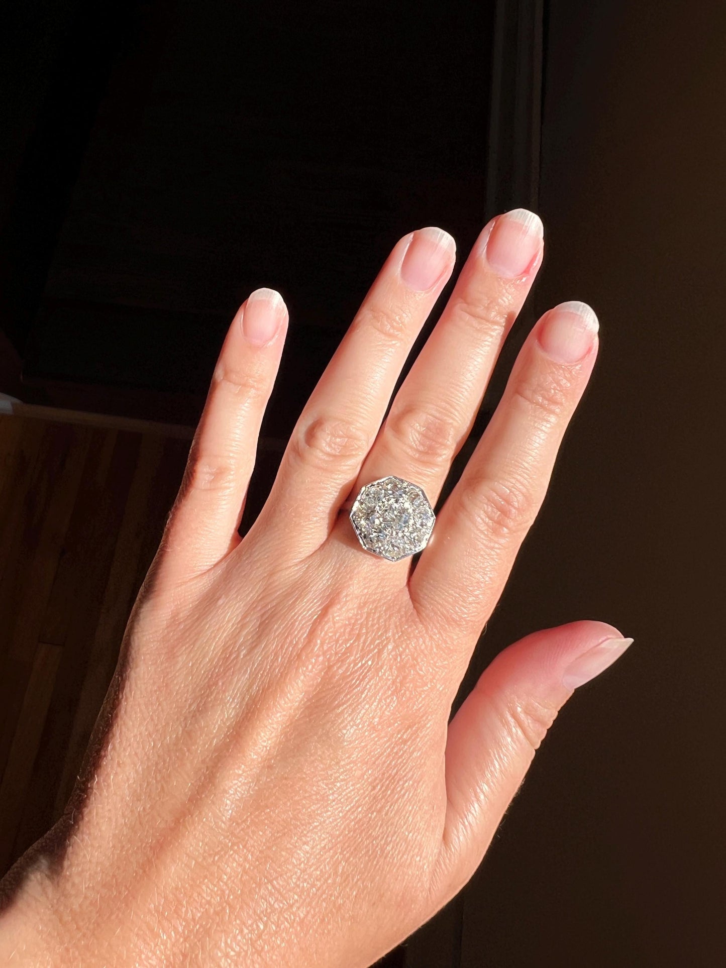 XL 2.7 Carat OCTAGON Shield French Antique PLATINUM Ring Old Mine Cut Diamonds Chunky Geometric Edwardian Cluster Romantic Gift 2.7Ctw OmC