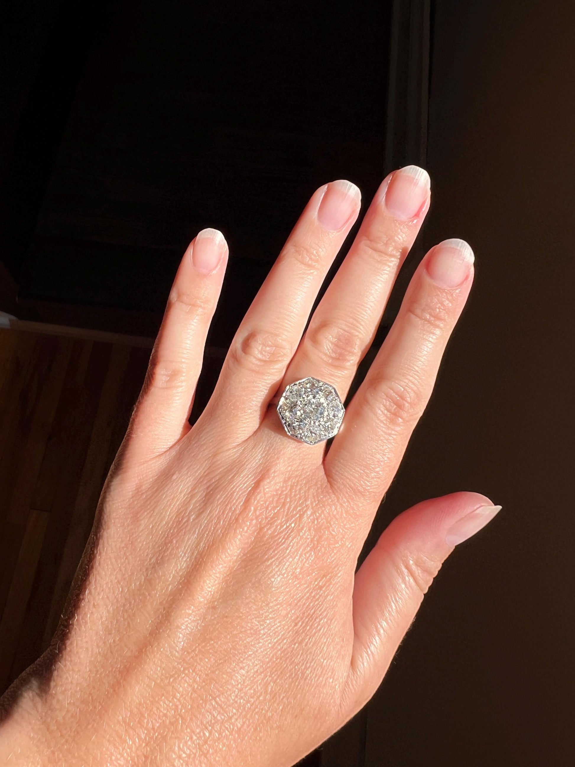XL 2.7 Carat OCTAGON Shield French Antique PLATINUM Ring Old Mine Cut Diamonds Chunky Geometric Edwardian Cluster Romantic Gift 2.7Ctw OmC