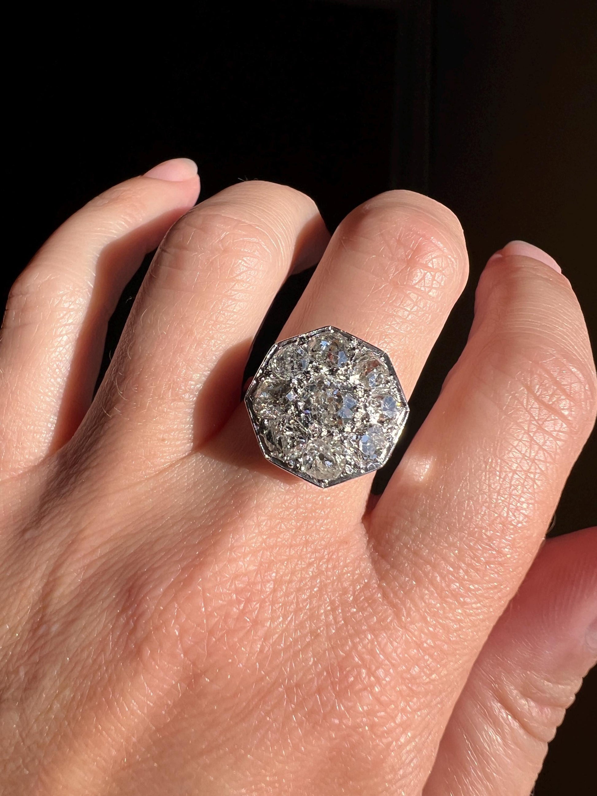 XL 2.7 Carat OCTAGON Shield French Antique PLATINUM Ring Old Mine Cut Diamonds Chunky Geometric Edwardian Cluster Romantic Gift 2.7Ctw OmC