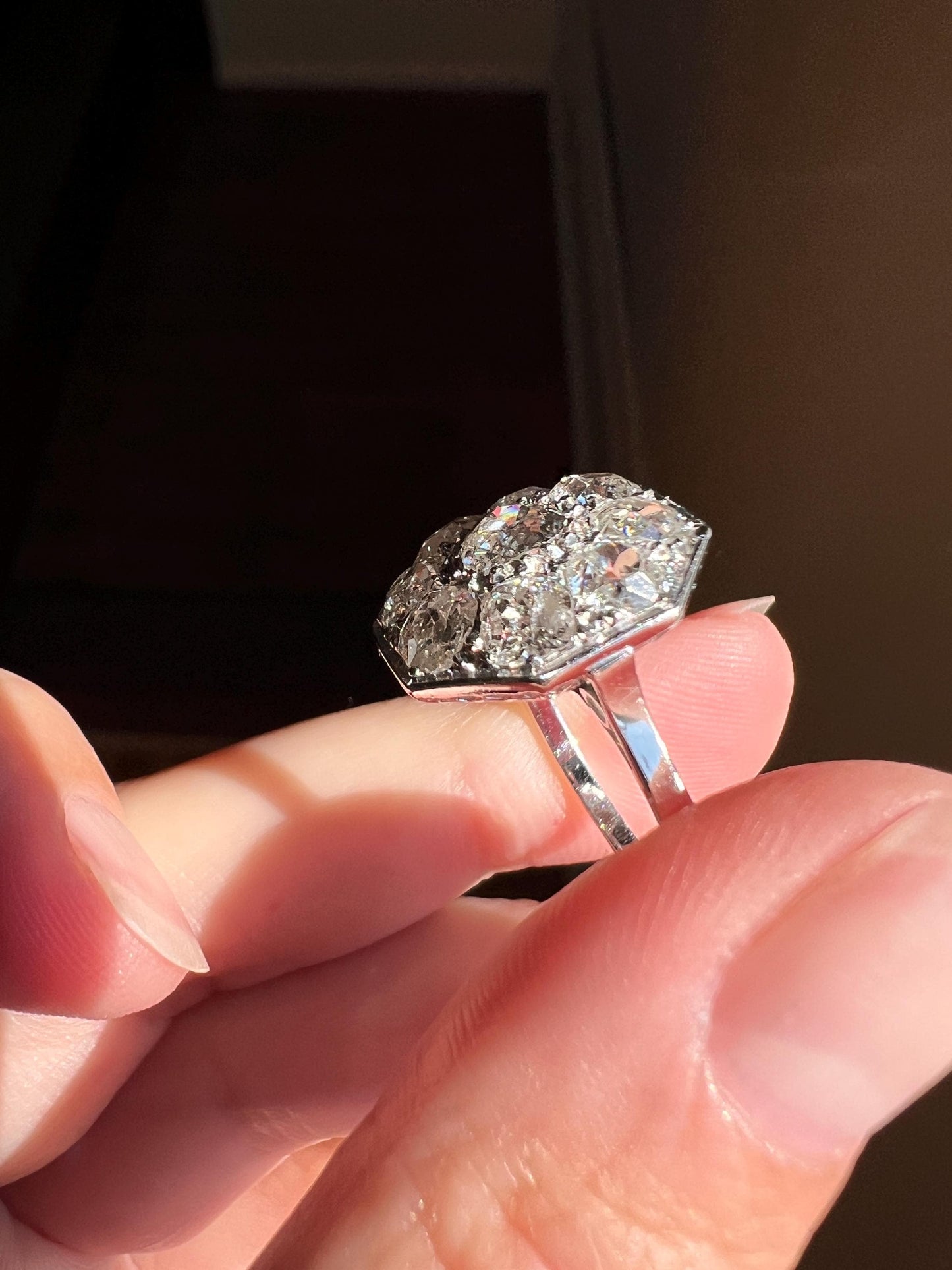 XL 2.7 Carat OCTAGON Shield French Antique PLATINUM Ring Old Mine Cut Diamonds Chunky Geometric Edwardian Cluster Romantic Gift 2.7Ctw OmC