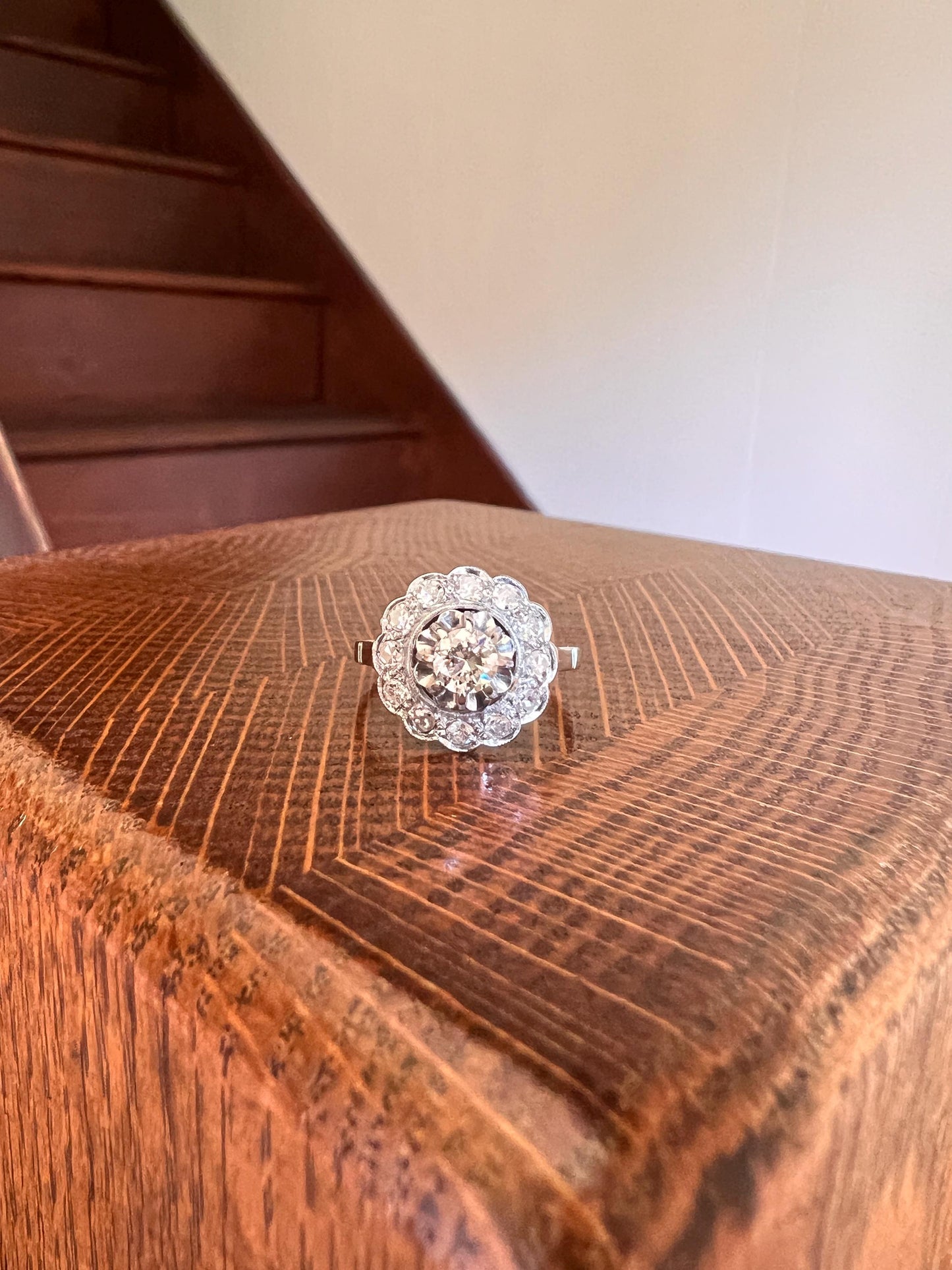 Antique Scalloped Daisy Cluster .7 Carat Diamond Halo Ring Transitional Old Single Cut French Art Deco PLATINUM 18k White Gold Romantic Gift