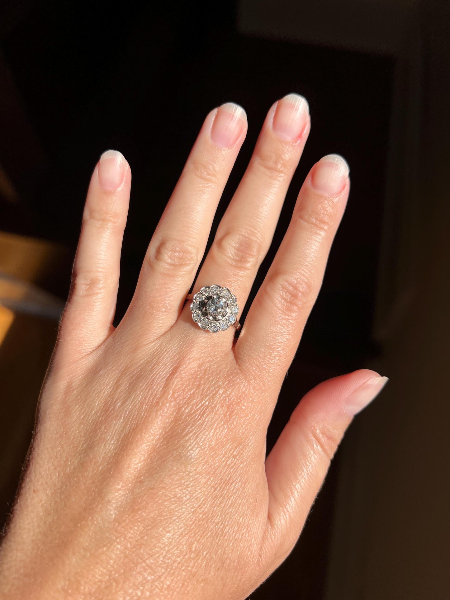Antique Scalloped Daisy Cluster .7 Carat Diamond Halo Ring Transitional Old Single Cut French Art Deco PLATINUM 18k White Gold Romantic Gift