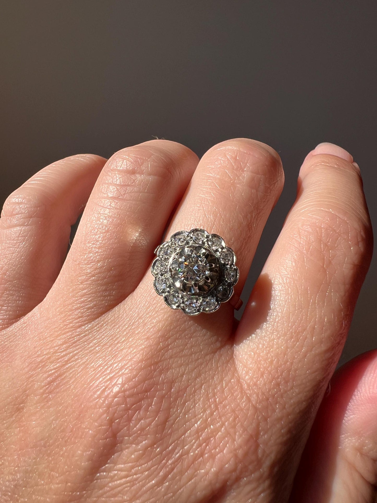 Antique Scalloped Daisy Cluster .7 Carat Diamond Halo Ring Transitional Old Single Cut French Art Deco PLATINUM 18k White Gold Romantic Gift
