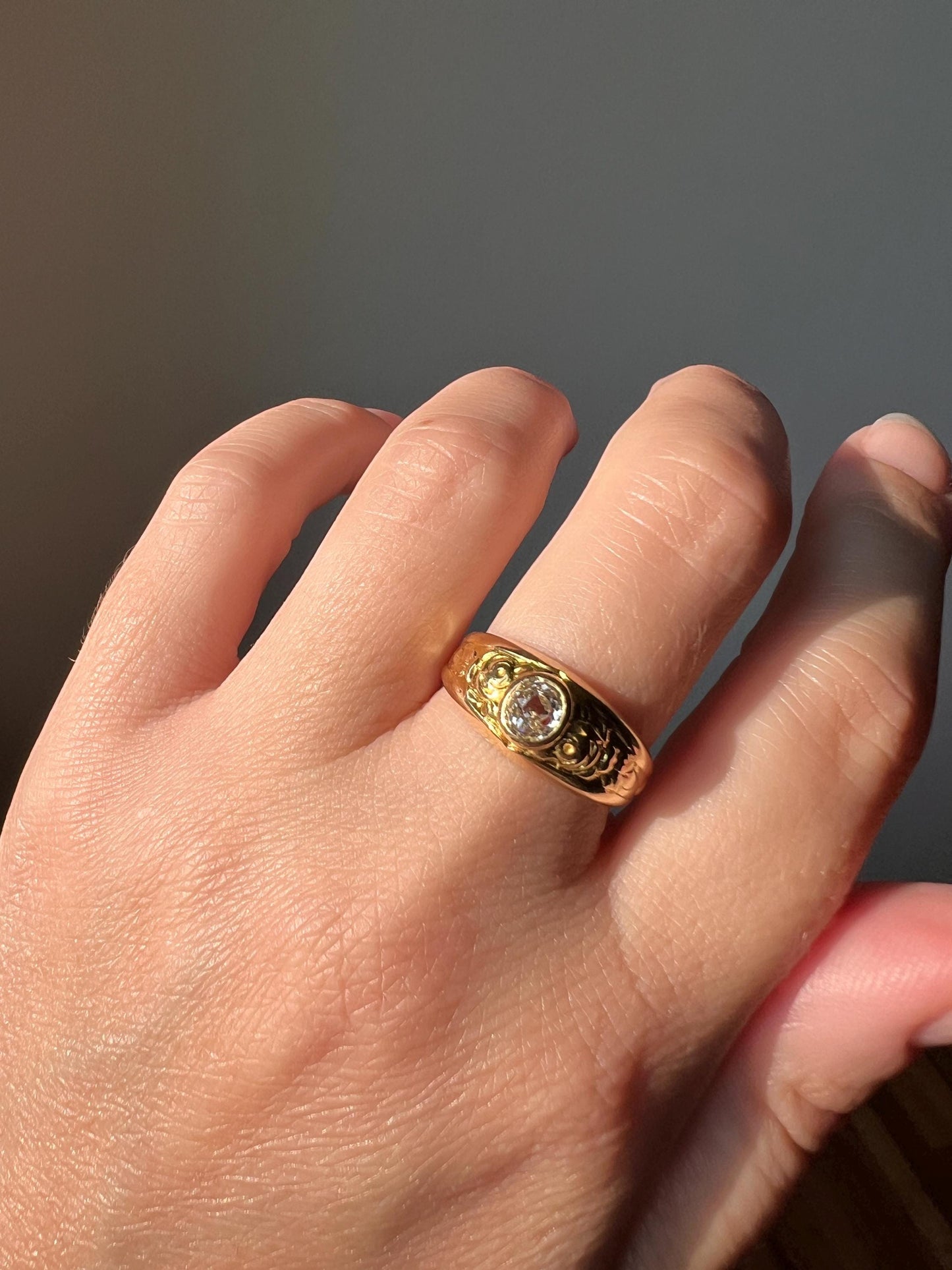 ROSES .33 Carat Old Mine Cut DIAMOND Floral GYPSY Ring Wide Band Antique 18k Gold Stacker French Belle Epoque Romantic Gift Love Wedding OmC