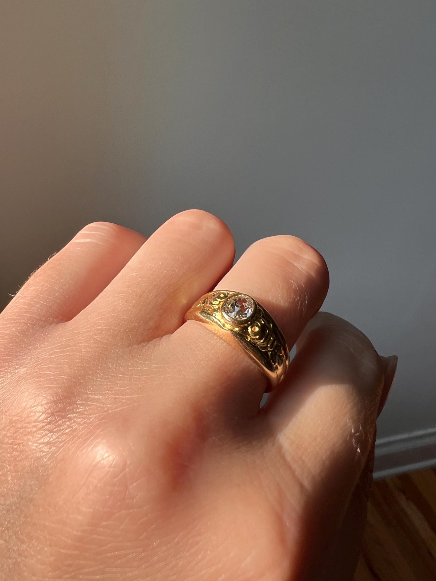 ROSES .33 Carat Old Mine Cut DIAMOND Floral GYPSY Ring Wide Band Antique 18k Gold Stacker French Belle Epoque Romantic Gift Love Wedding OmC