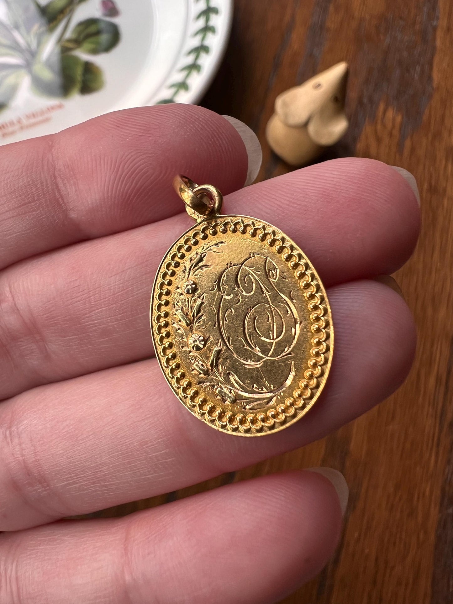 DATED 1902 French ANTIQUE 18k Gold Tricolor Pendant Engraved Initial Letter Love Medal Charm Belle Epoque Victorian Figural Floral May 29