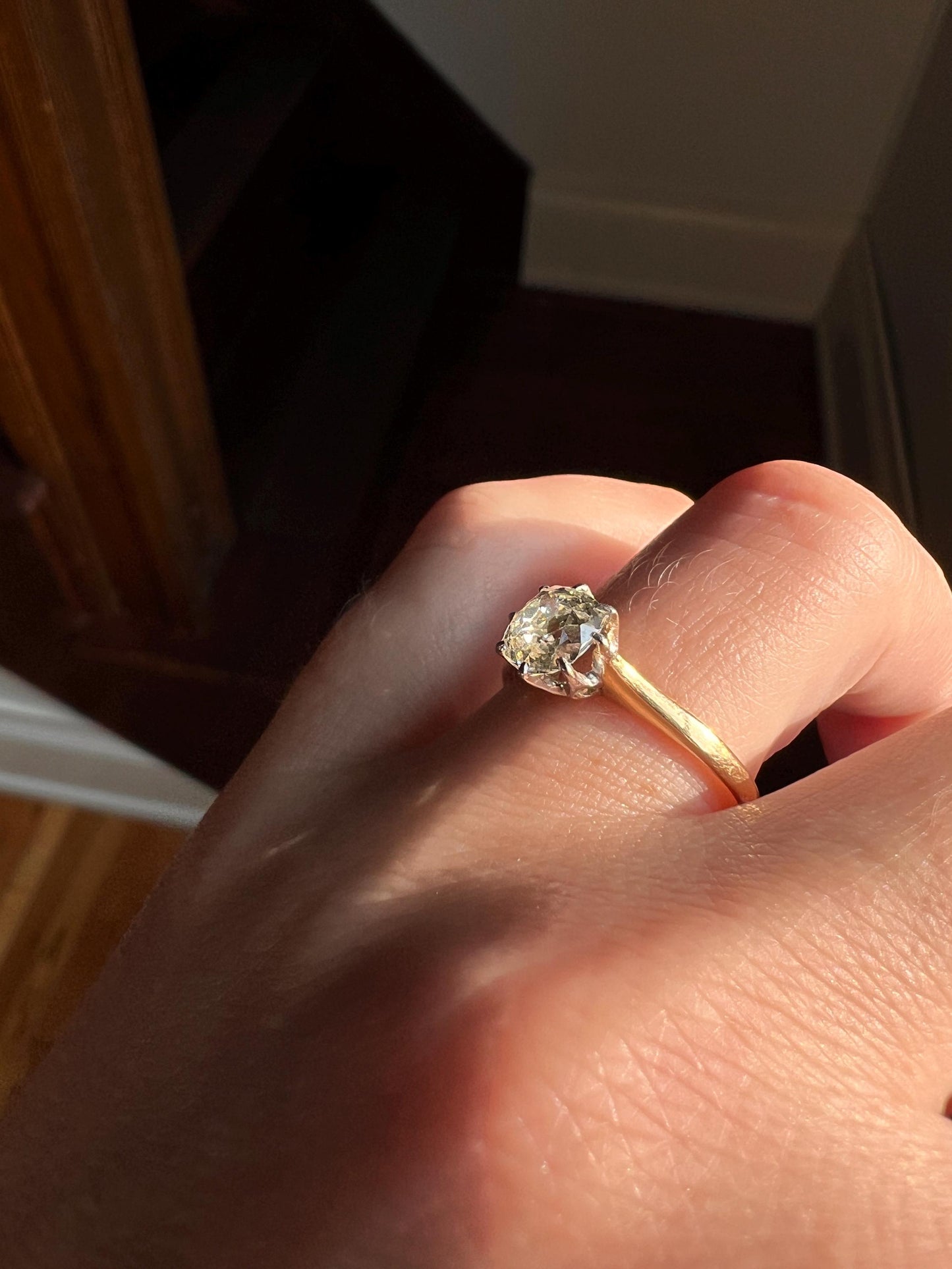 Victorian Antique Chunky 0.9 Carat Old Mine Cut DIAMOND Solitaire 18k Gold Ring Engagement Stacker Band Romantic Gift OMC Wedding .9Ctw