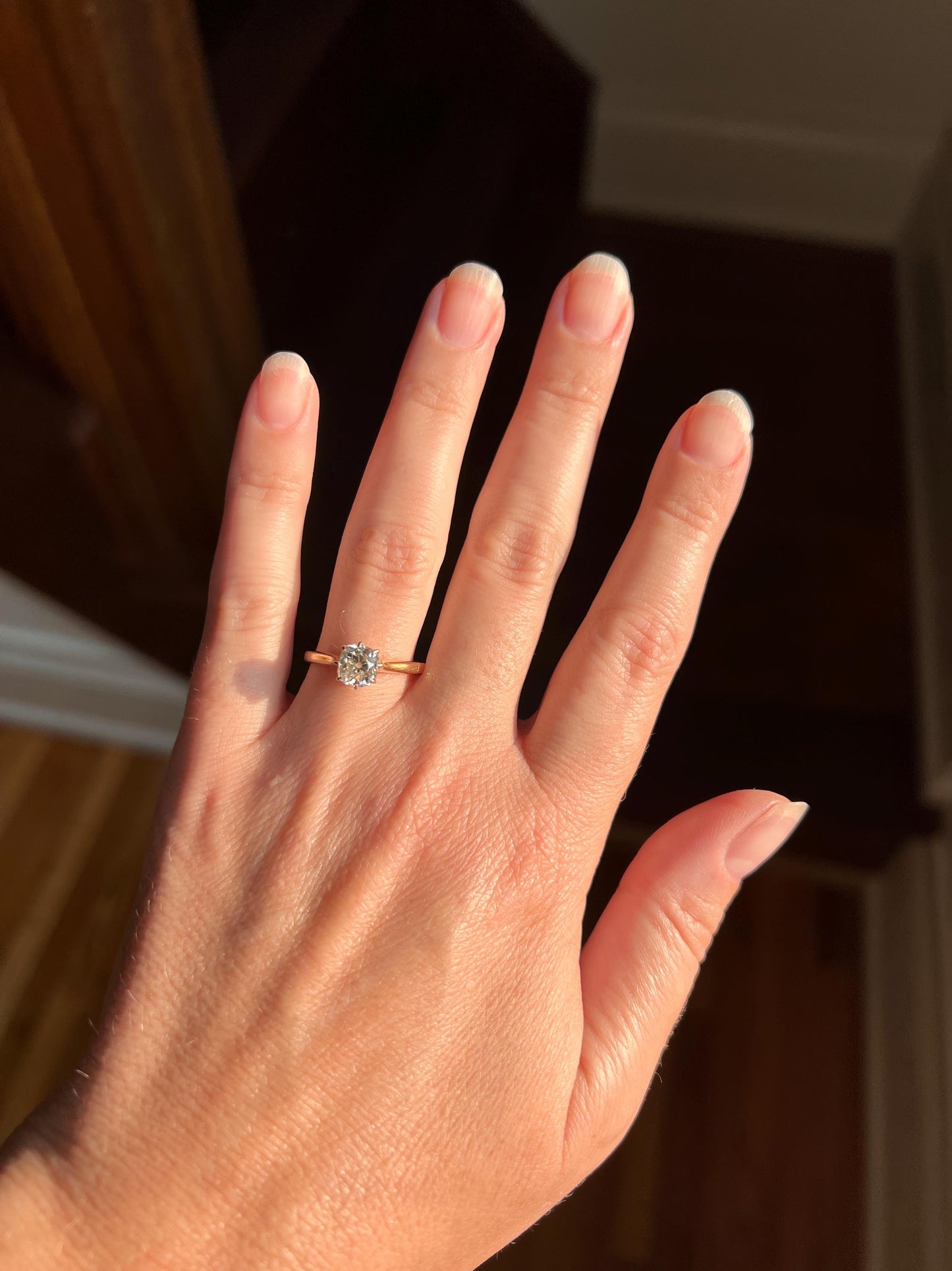 Victorian Antique Chunky 0.9 Carat Old Mine Cut DIAMOND Solitaire 18k Gold Ring Engagement Stacker Band Romantic Gift OMC Wedding .9Ctw