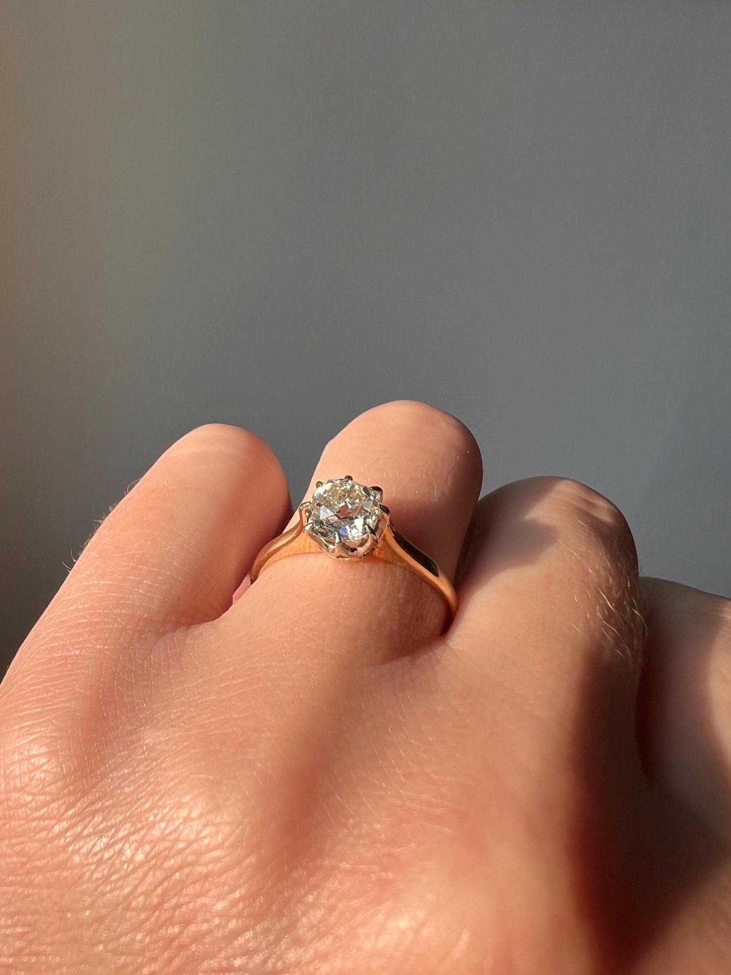 Victorian Antique Chunky 0.9 Carat Old Mine Cut DIAMOND Solitaire 18k Gold Ring Engagement Stacker Band Romantic Gift OMC Wedding .9Ctw