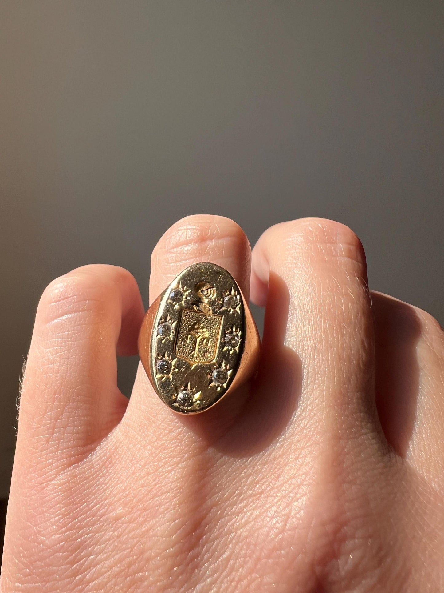 Old Mine Cut DIAMOND Starburst HEAVY French Antique Signet RING 13g 18k Gold Solid Helmet Coat of Arms Chunky Band Gift Victorian Unisex OmC