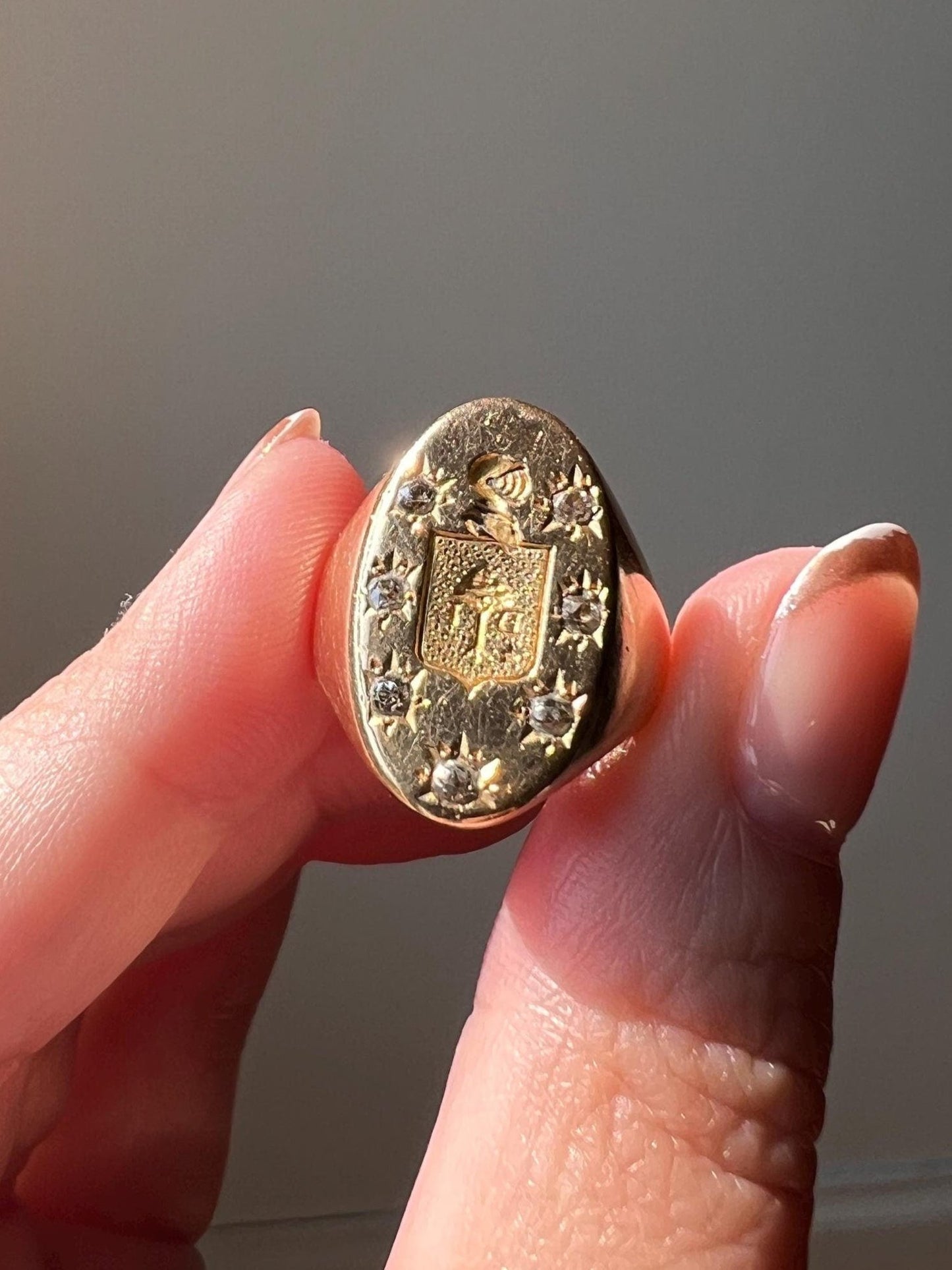 Old Mine Cut DIAMOND Starburst HEAVY French Antique Signet RING 13g 18k Gold Solid Helmet Coat of Arms Chunky Band Gift Victorian Unisex OmC
