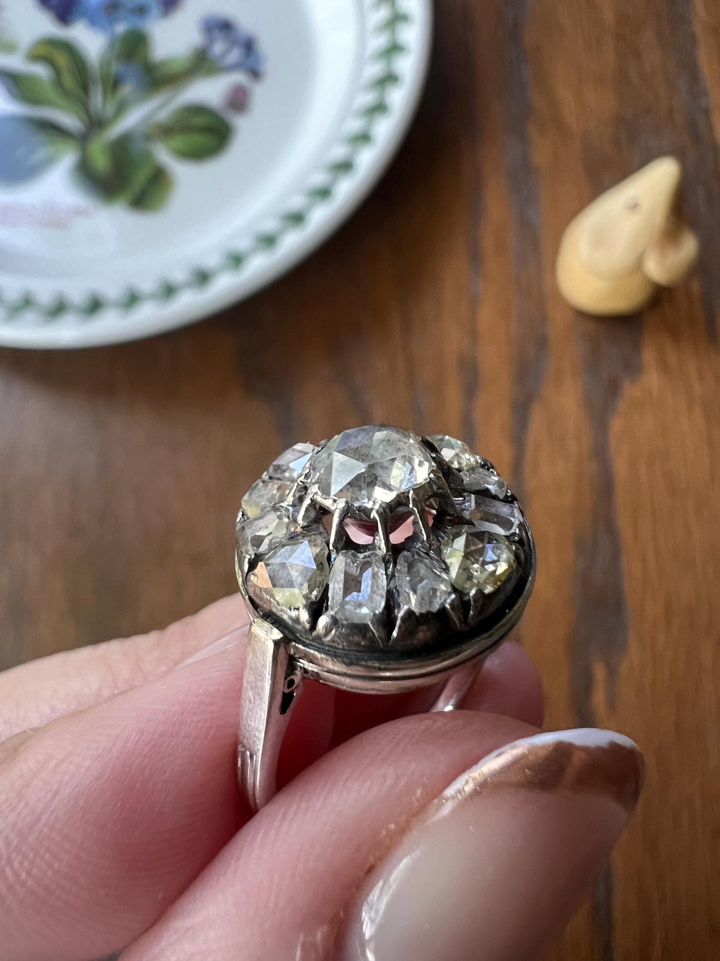 Rose & TABLE CUT Diamond Cluster Halo Ring Unique Antique Large 18k White Gold Chunky Sparkle Mixed Alternating Romantic Gift Ooak Foiled