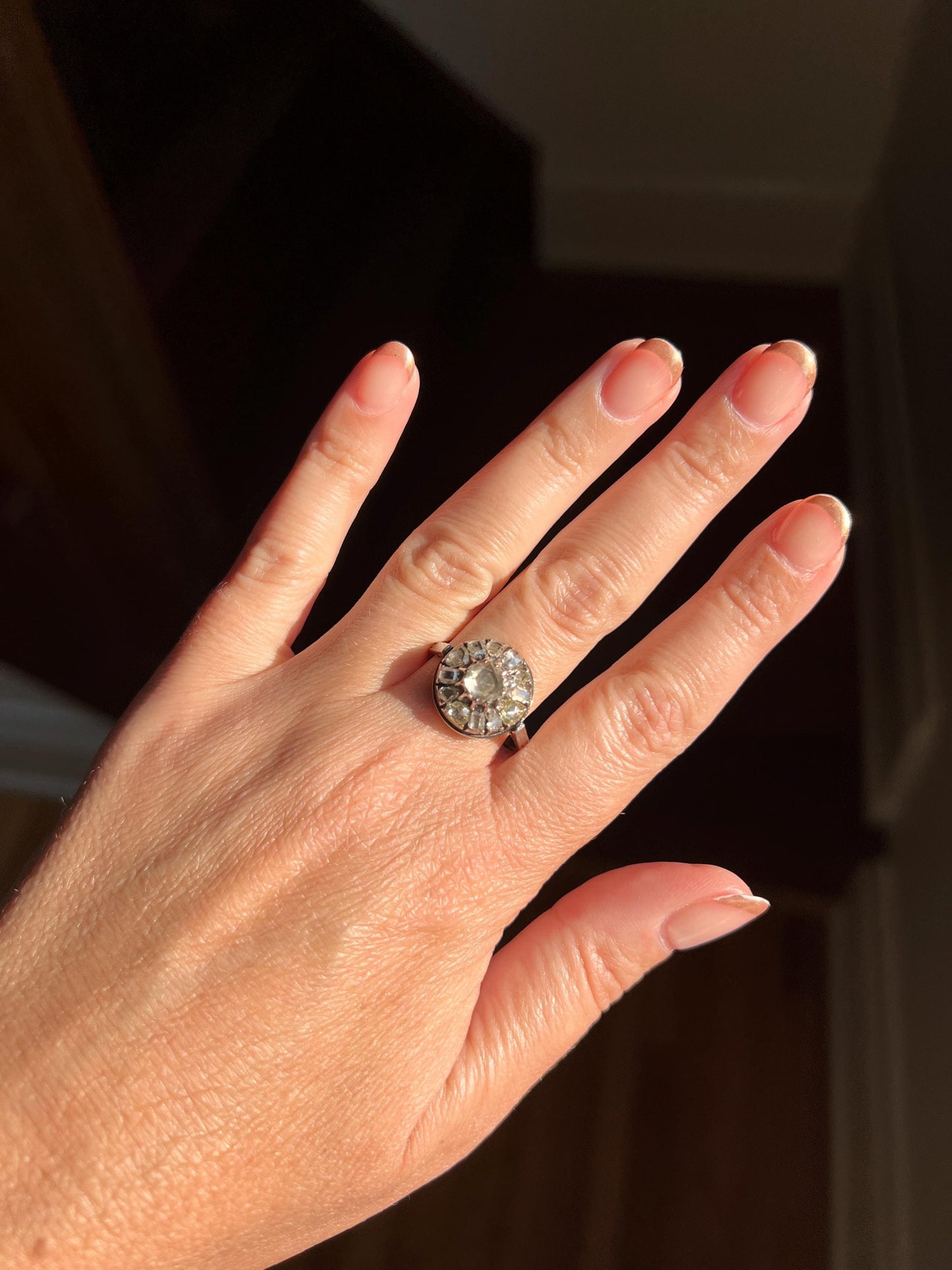 Rose & TABLE CUT Diamond Cluster Halo Ring Unique Antique Large 18k White Gold Chunky Sparkle Mixed Alternating Romantic Gift Ooak Foiled
