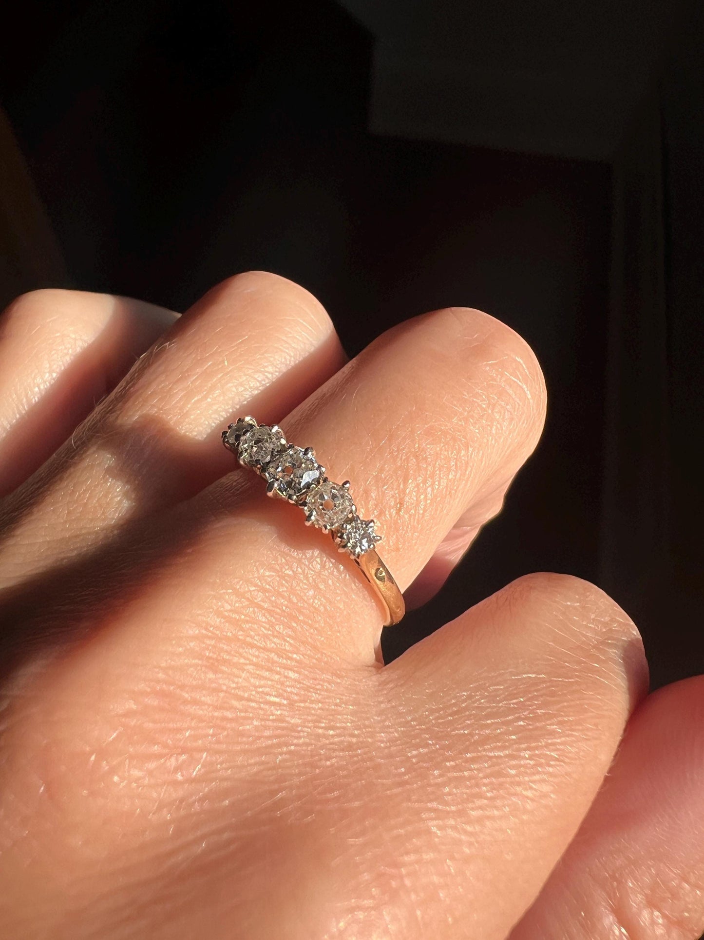 Antique .6 Carat Old Mine Cut DIAMOND 18k Gold & Platinum Five Stone Ring Tall Band Romantic Gift Stacker Linear Sparkly Victorian OMC