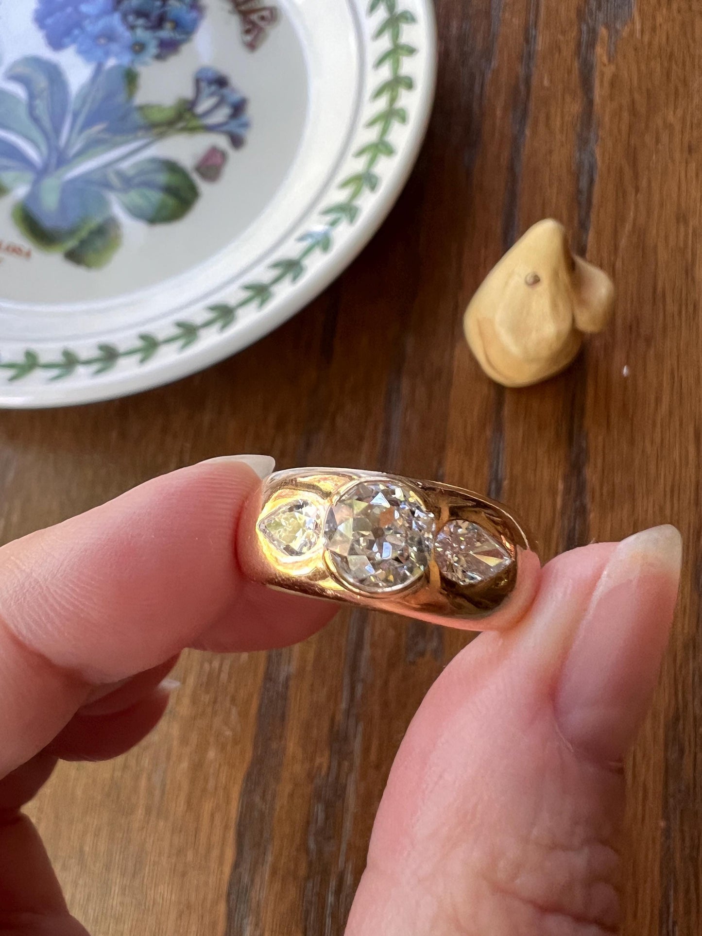 Chunky 1.75 Carat Old Mine Cut DIAMOND Pear Gypsy Ring 10g 18k Gold HEAVY Vintage Stacker 9mm Wide Gypsy Band French OMC Three Stone Wedding