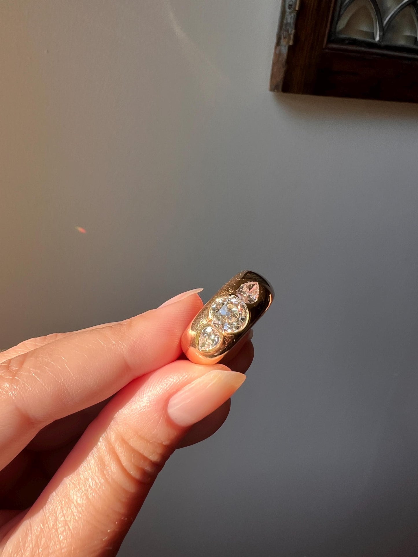 Chunky 1.75 Carat Old Mine Cut DIAMOND Pear Gypsy Ring 10g 18k Gold HEAVY Vintage Stacker 9mm Wide Gypsy Band French OMC Three Stone Wedding