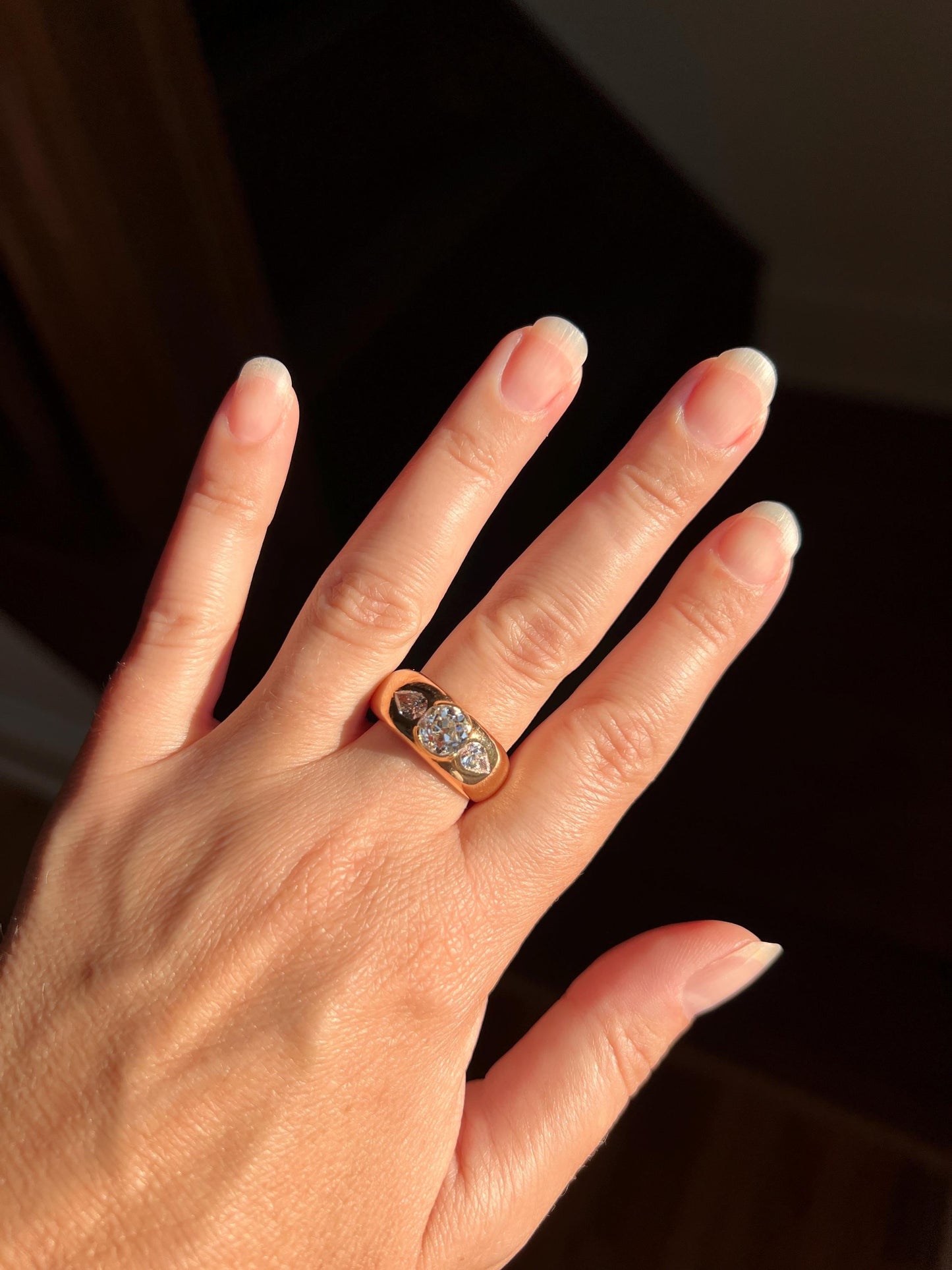 Chunky 1.75 Carat Old Mine Cut DIAMOND Pear Gypsy Ring 10g 18k Gold HEAVY Vintage Stacker 9mm Wide Gypsy Band French OMC Three Stone Wedding