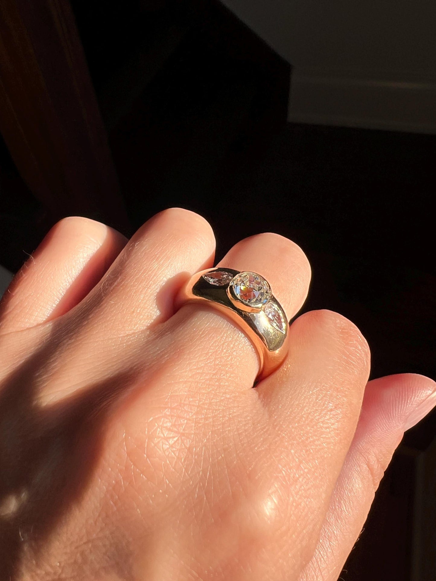 Chunky 1.75 Carat Old Mine Cut DIAMOND Pear Gypsy Ring 10g 18k Gold HEAVY Vintage Stacker 9mm Wide Gypsy Band French OMC Three Stone Wedding
